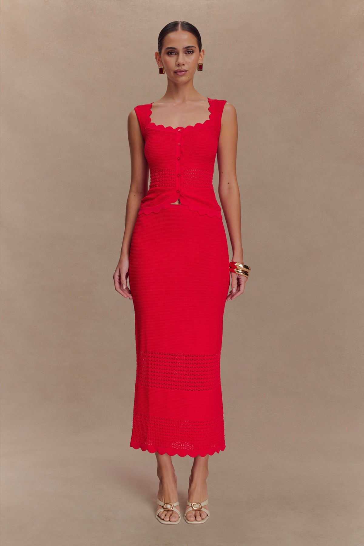 Madeline Scallop Knit Midi Skirt - Red