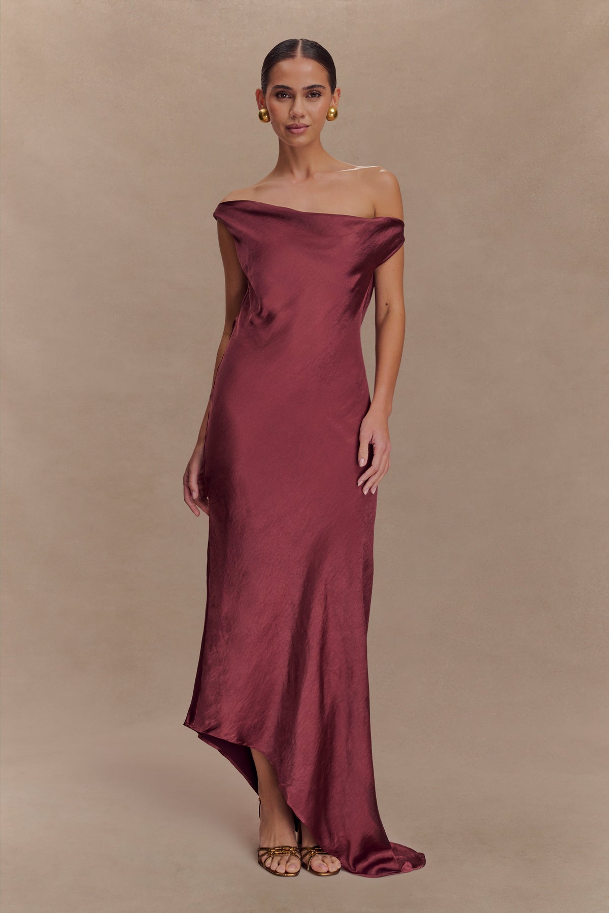 Yvette Slip Maxi Dress With Asymmetrical Hem - Brown Cherry