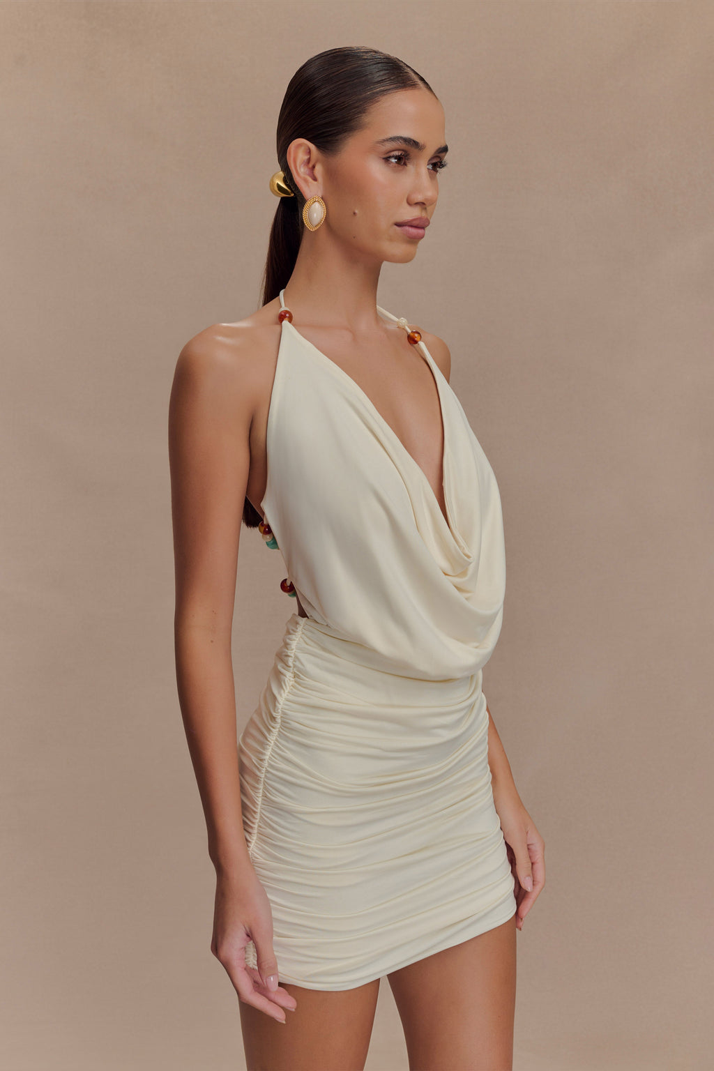 Astraeus Beaded Cowl Mini Dress - Ivory