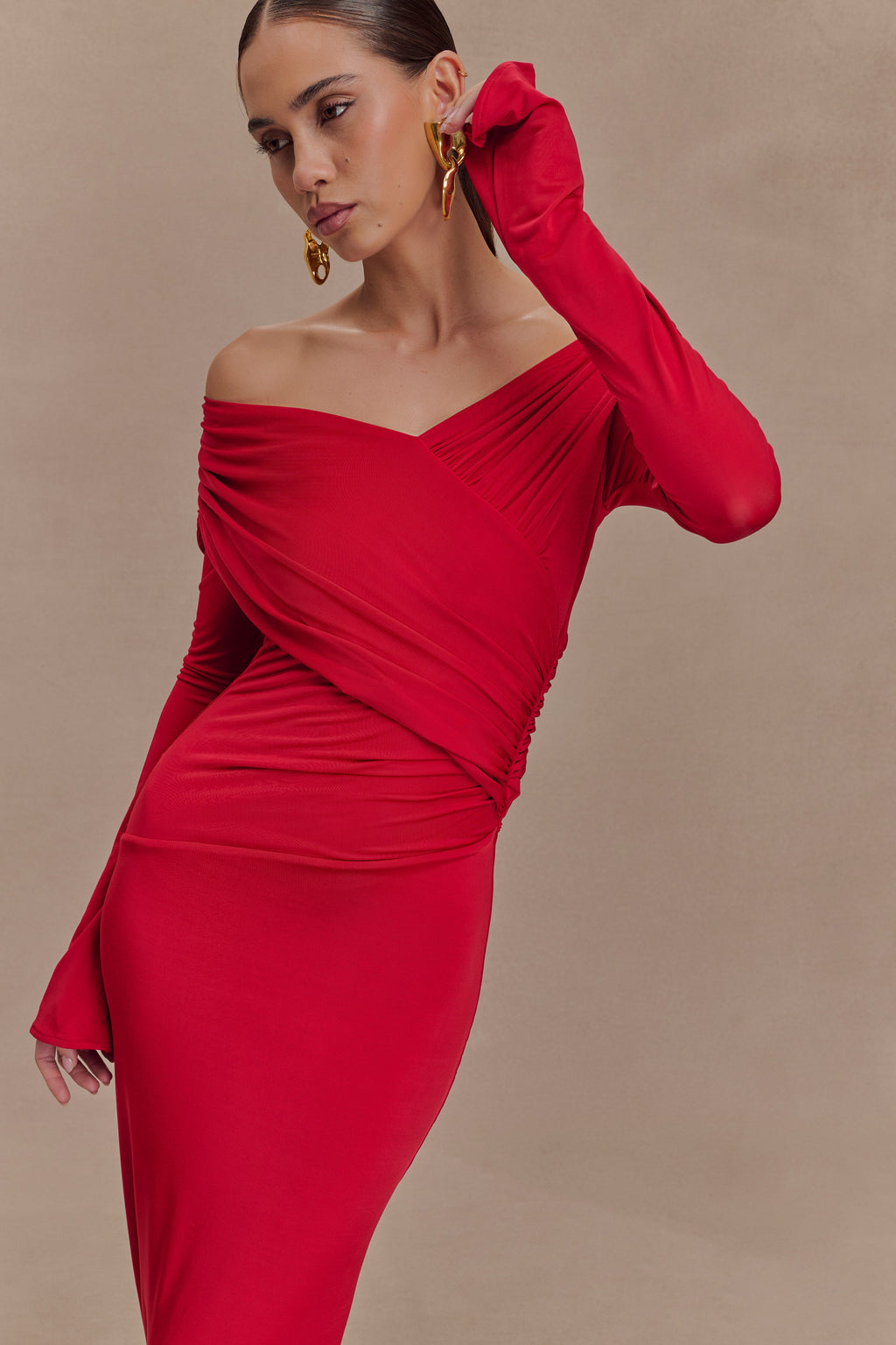 Therese Off Shoulder Ruched Maxi Dress - Red