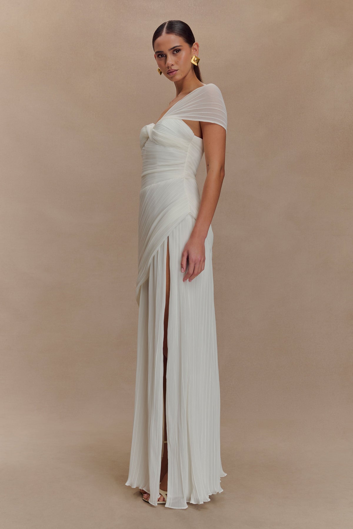 Tamara Shirred Chiffon Midi Dress - White