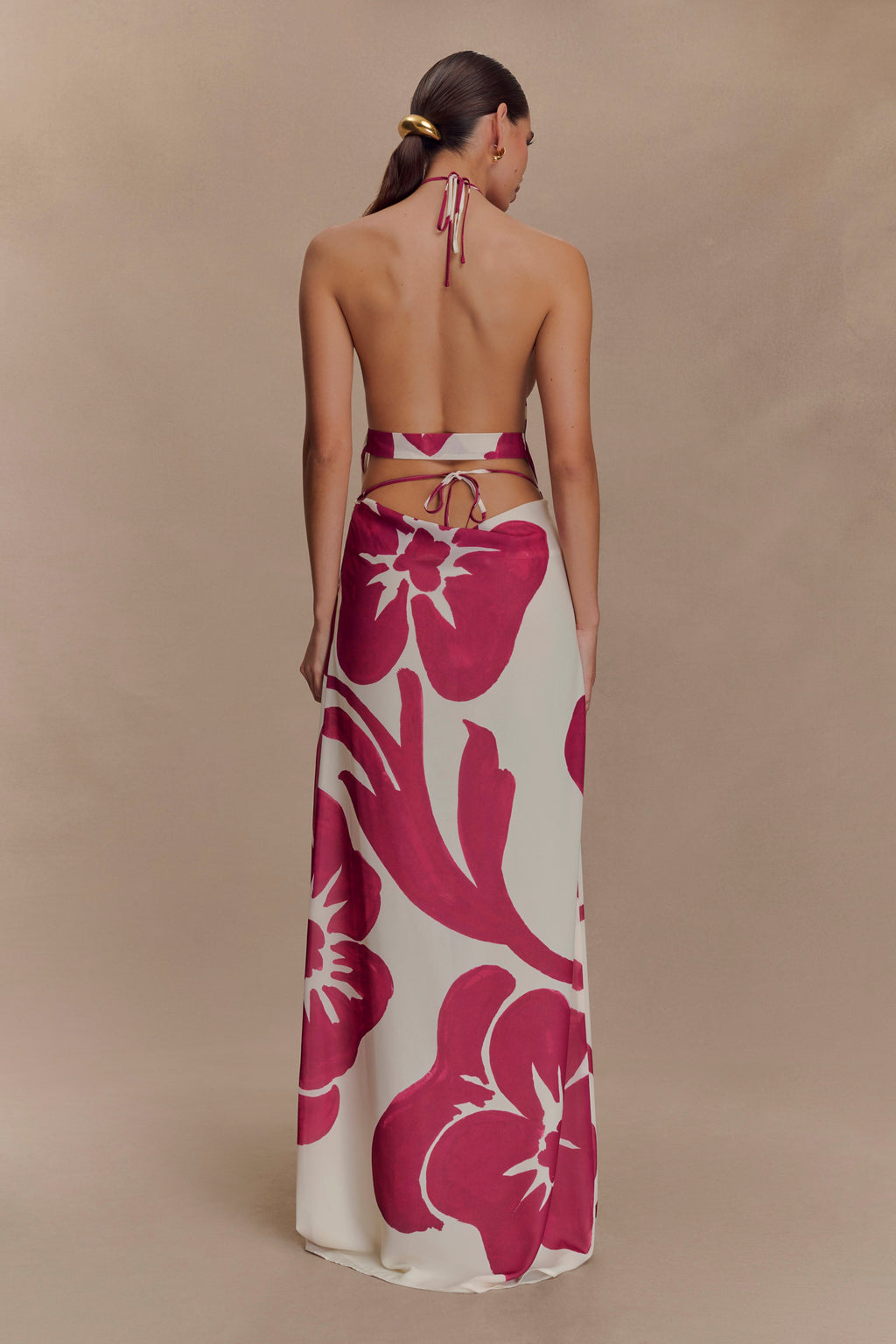 Katalina Chiffon Cowl Halter Top - Red Deco Fleur Print