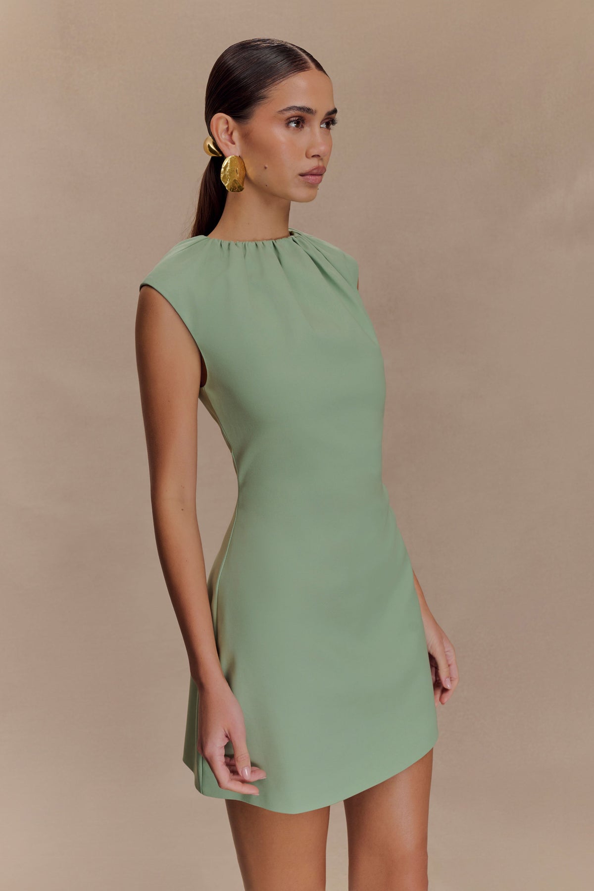 Ariana Pleated Neck Mini Dress - Sage