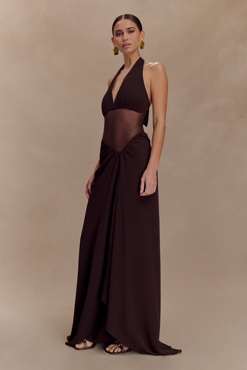 Jonna Chiffon And Mesh Maxi Dress - Dark Chocolate