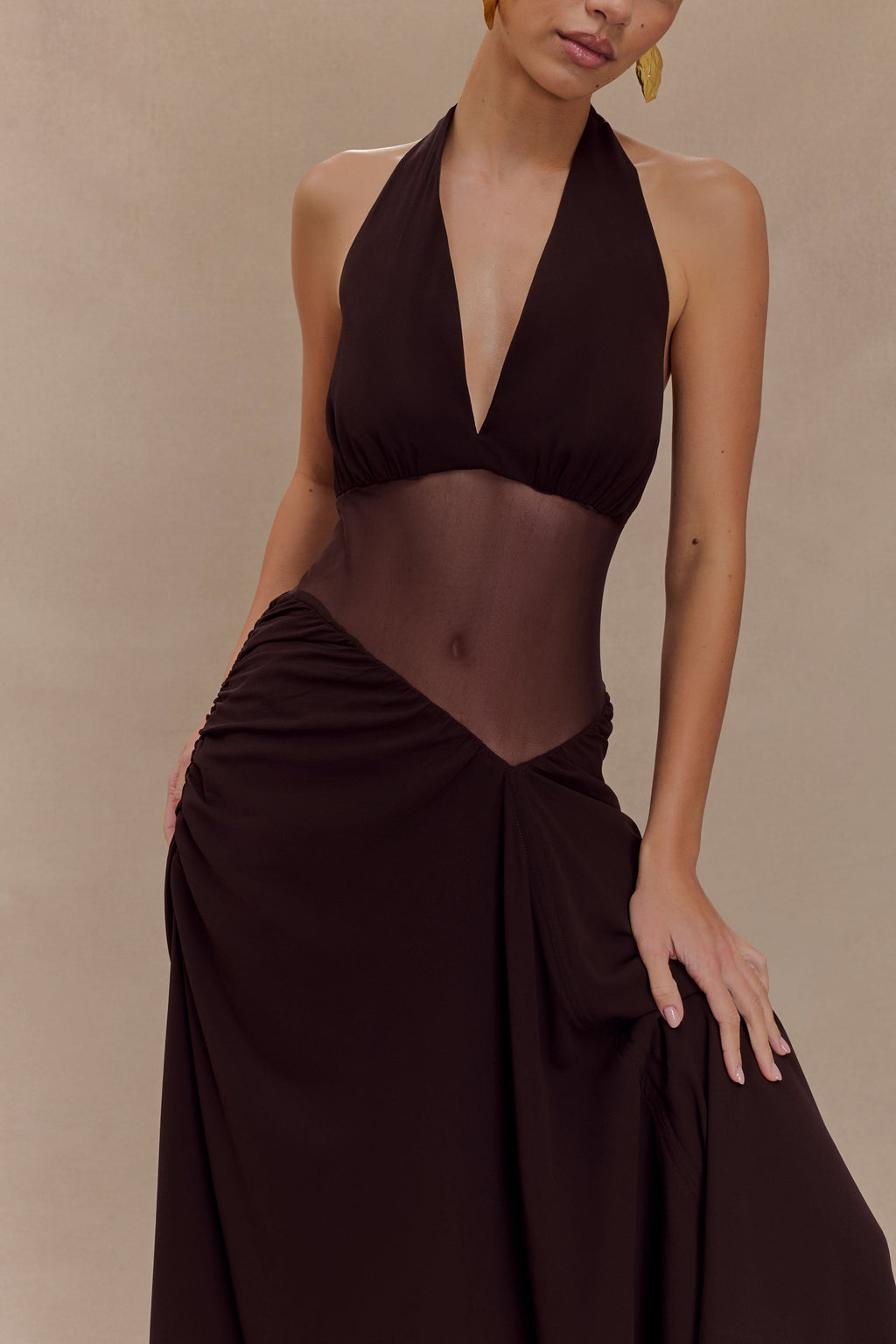 Jonna Chiffon And Mesh Maxi Dress - Dark Chocolate