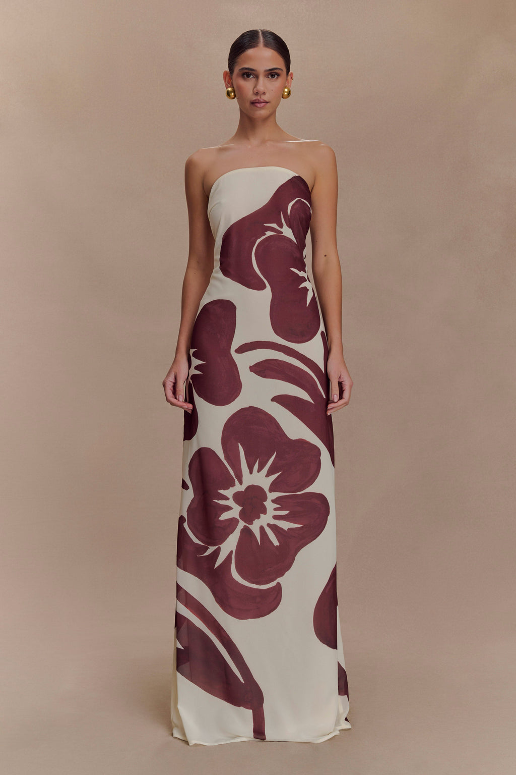 Amaya Strapless Chiffon Maxi Dress - Brown Deco Fleur Print