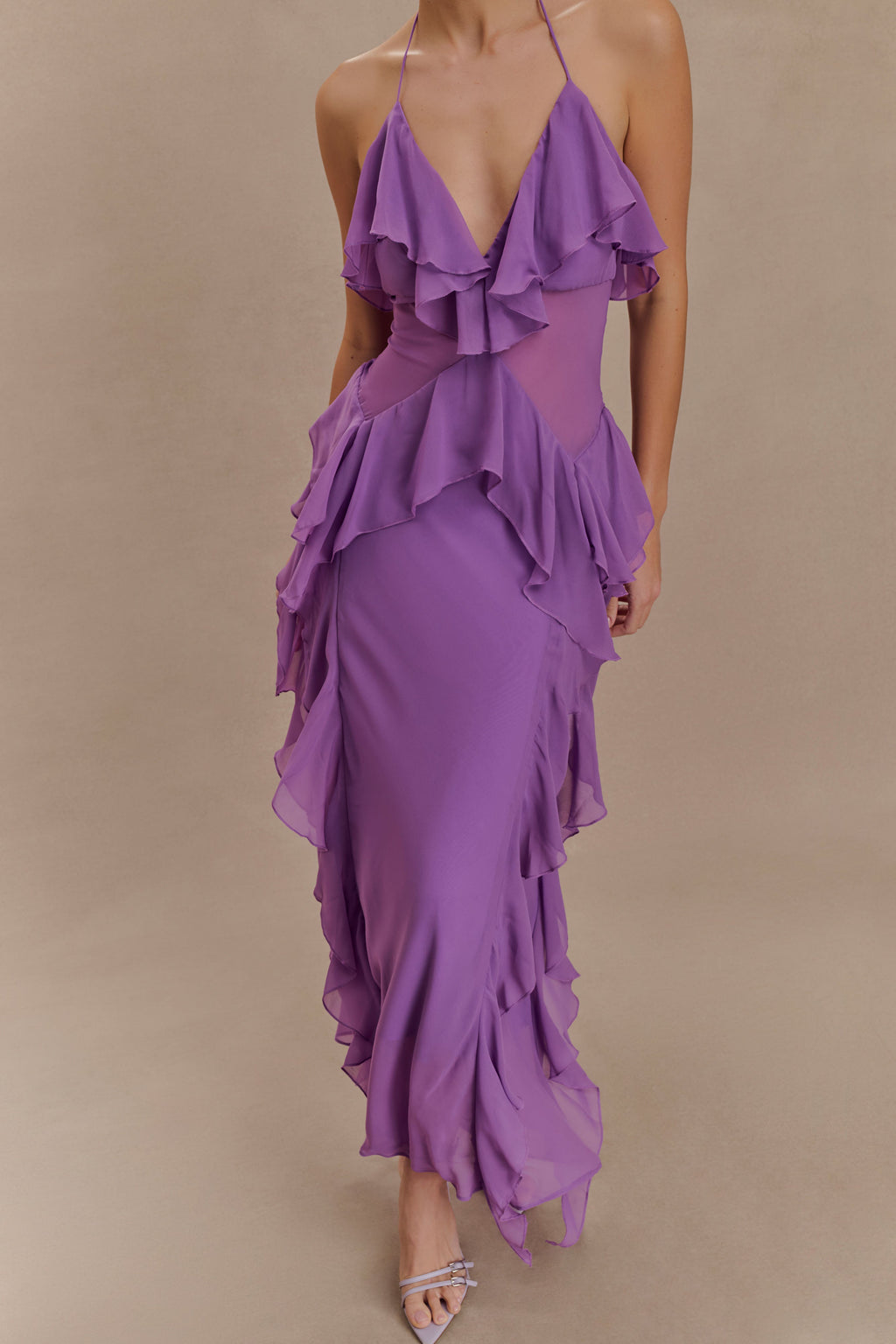 Aleyna Chiffon Ruffle Midi Dress - Purple