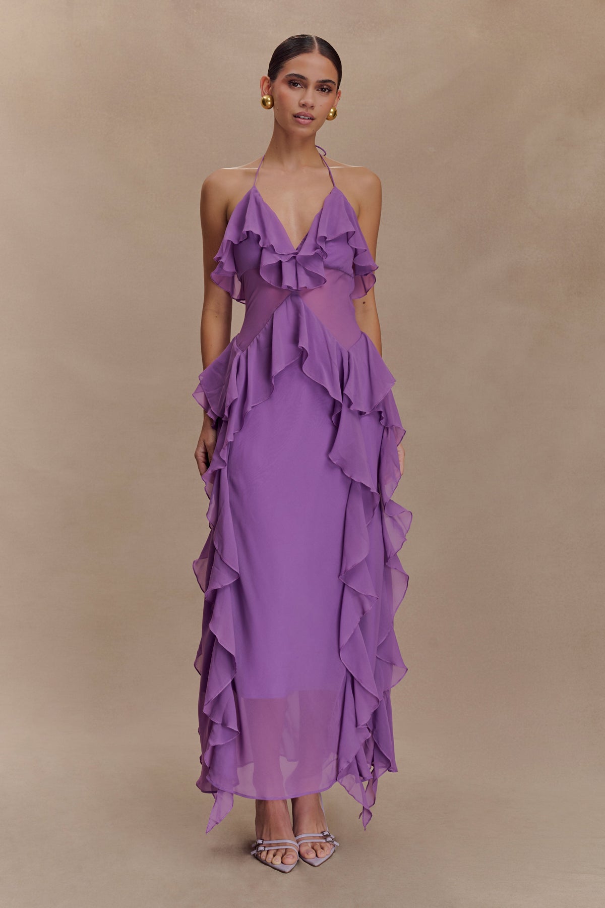 Aleyna Chiffon Ruffle Midi Dress - Purple