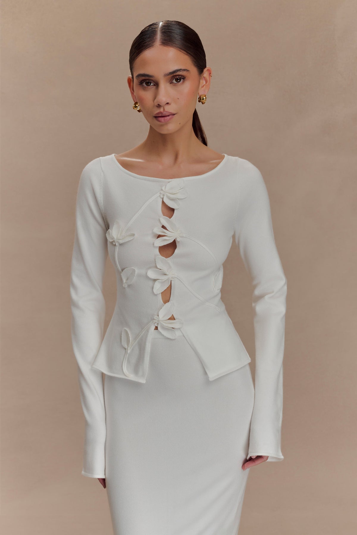Alejandra Floral Long Sleeve Knit Top - White