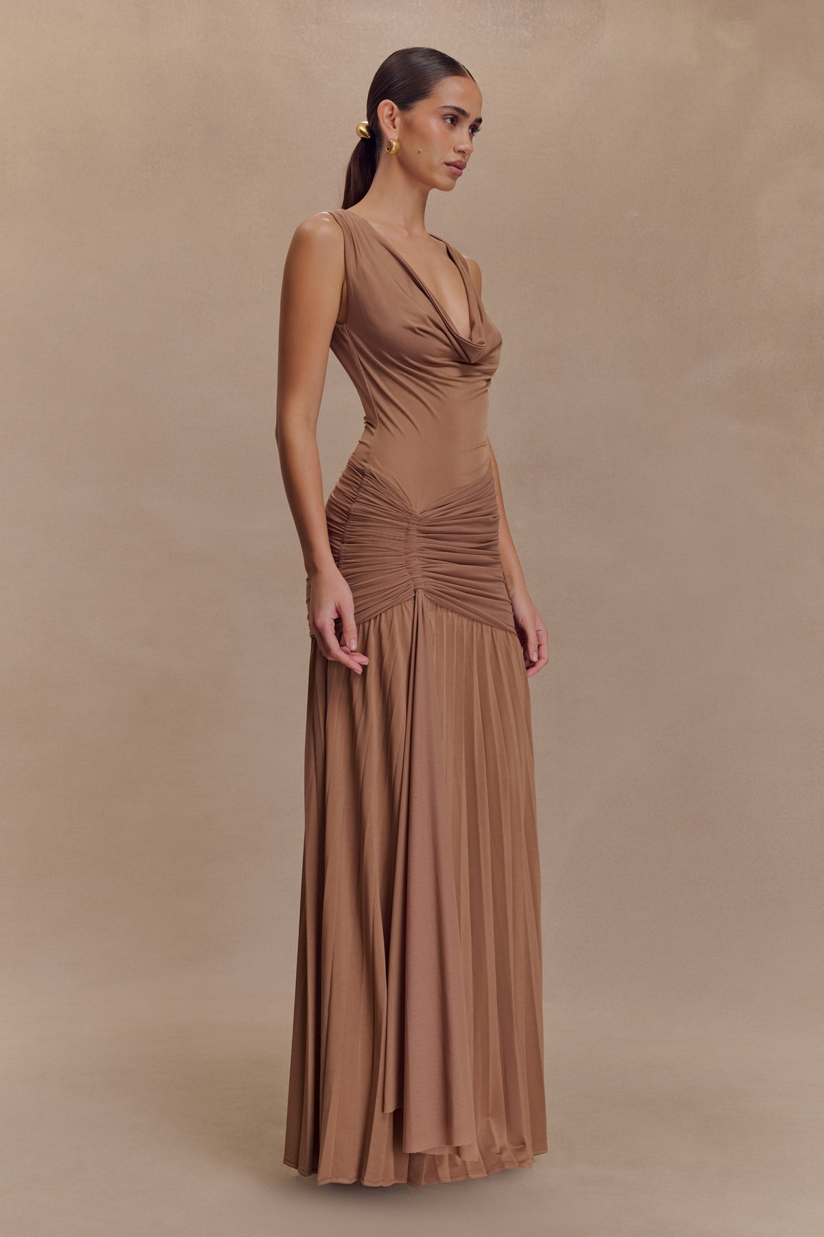 Dania Cowl Neck Slinky Maxi Dress - Mocha Mousse