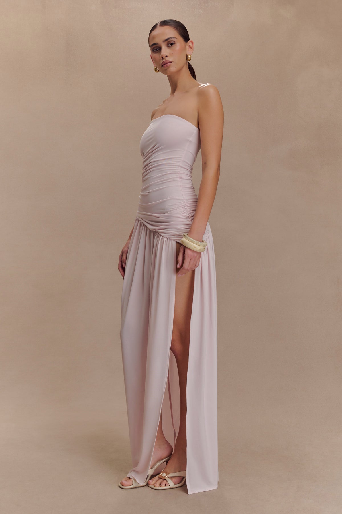 Bex Strapless Slinky Maxi Dress With Split - Pale Pink