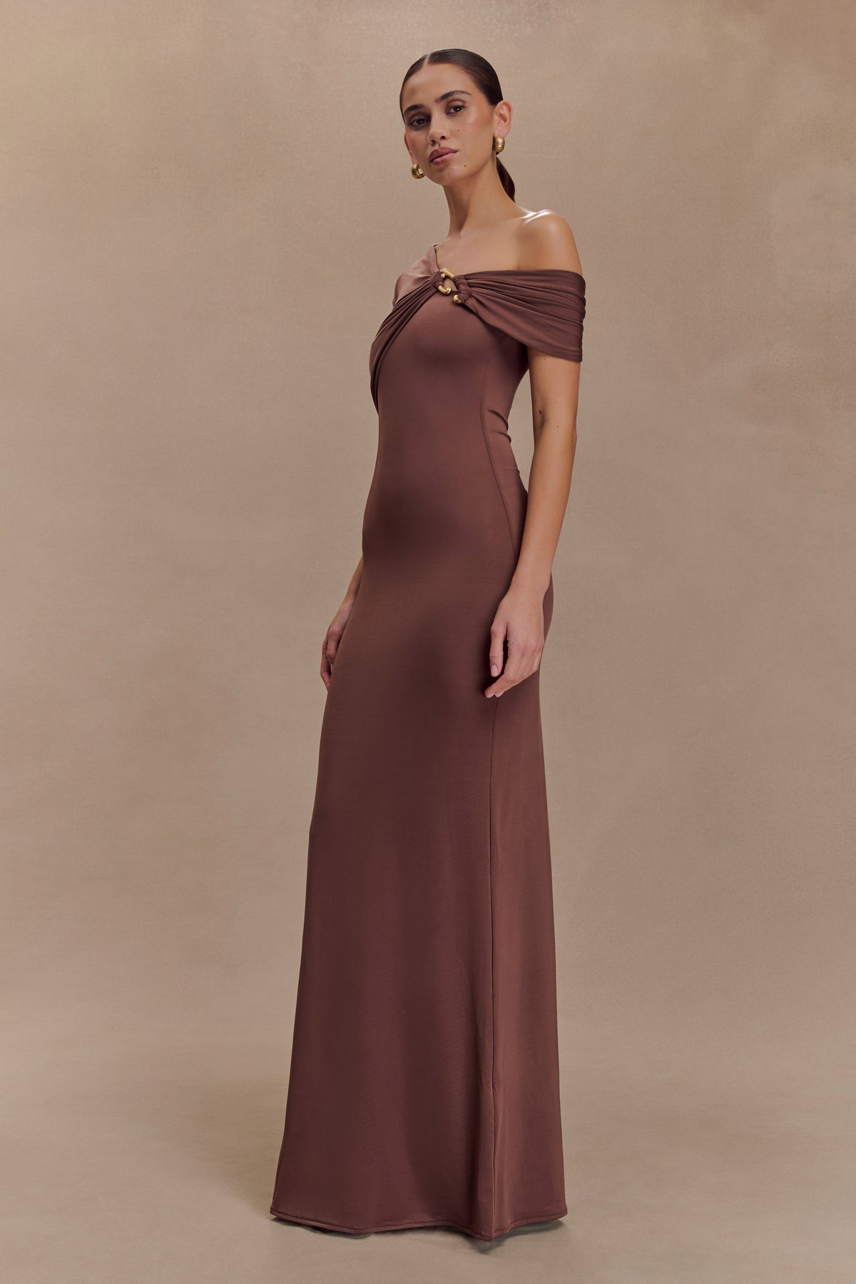 Ashford Asymmetrical Slinky Maxi Dress - Chocolate