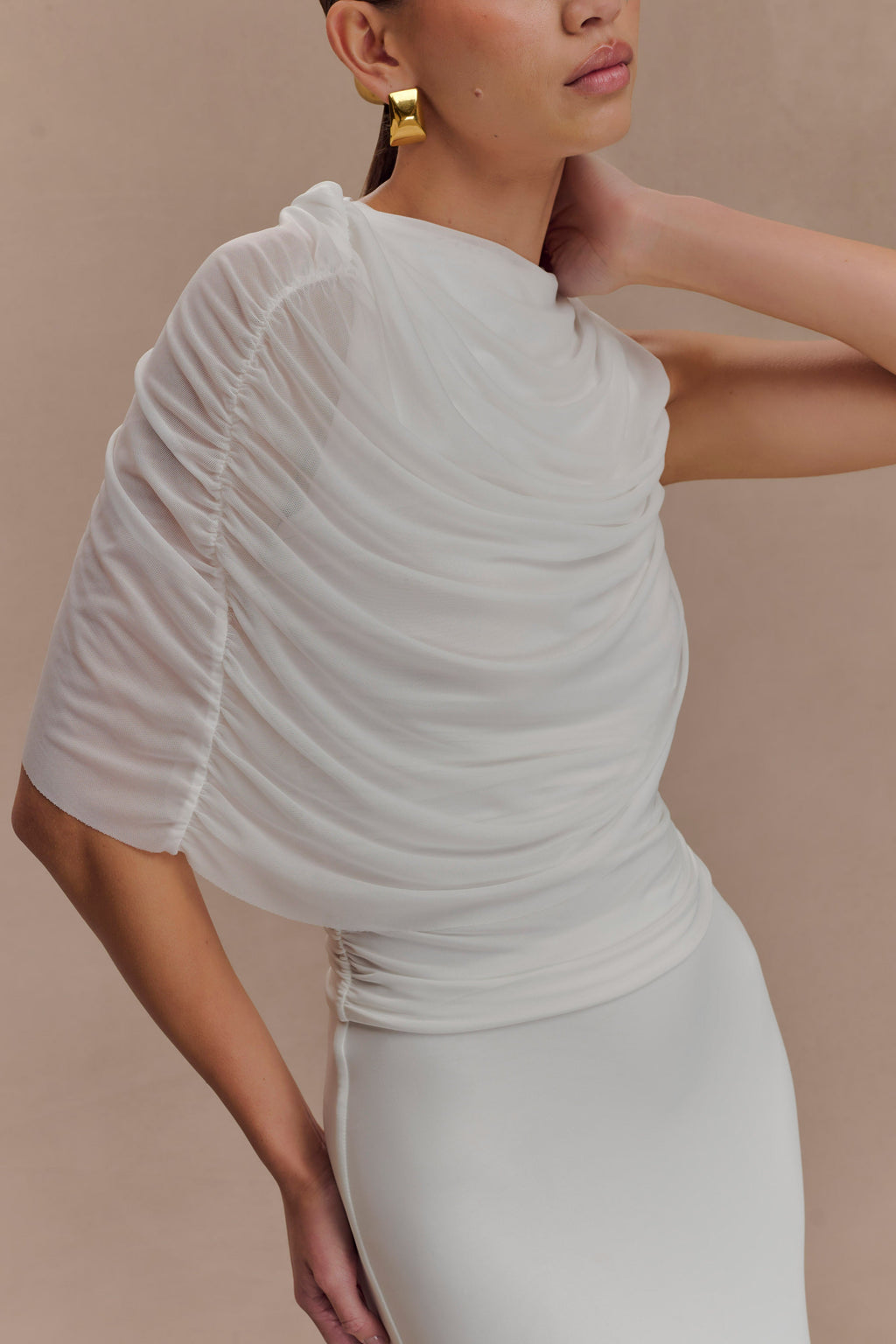 Pruedance Slinky Draped Top With Mesh Overlay - White