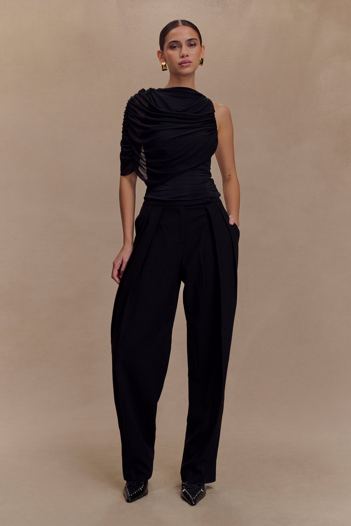 Pruedance Slinky Draped Top With Mesh Overlay - Black