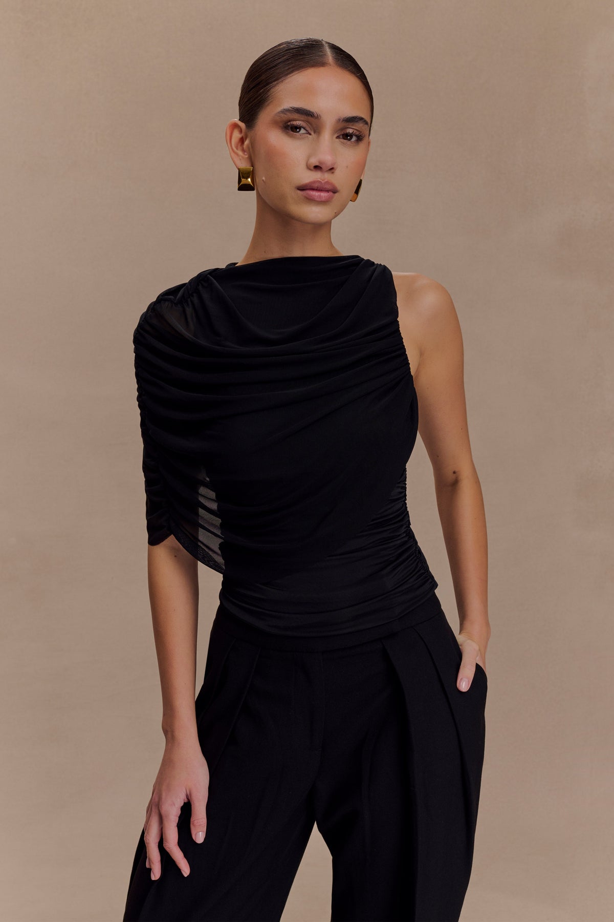 Pruedance Slinky Draped Top With Mesh Overlay - Black