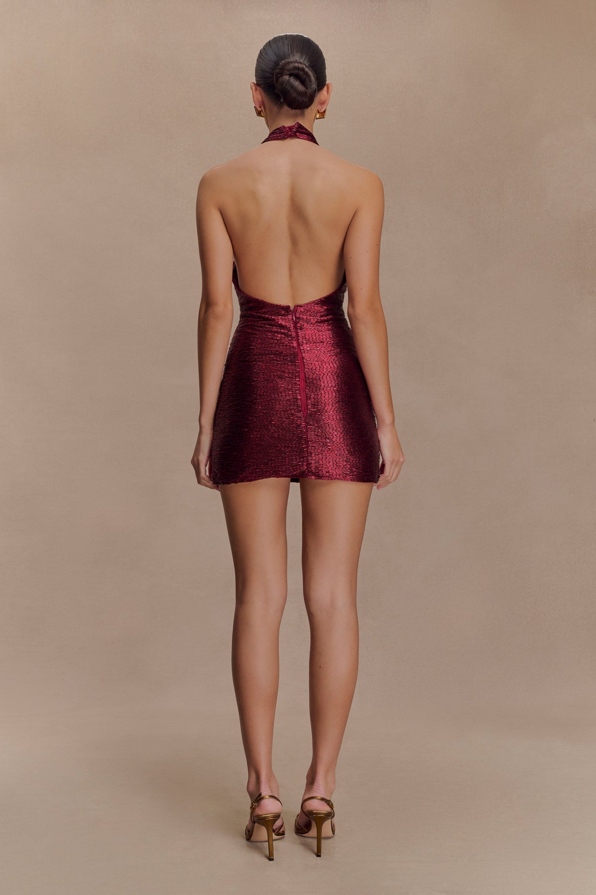 Nylah Beaded Halter Mini Dress - Burgundy