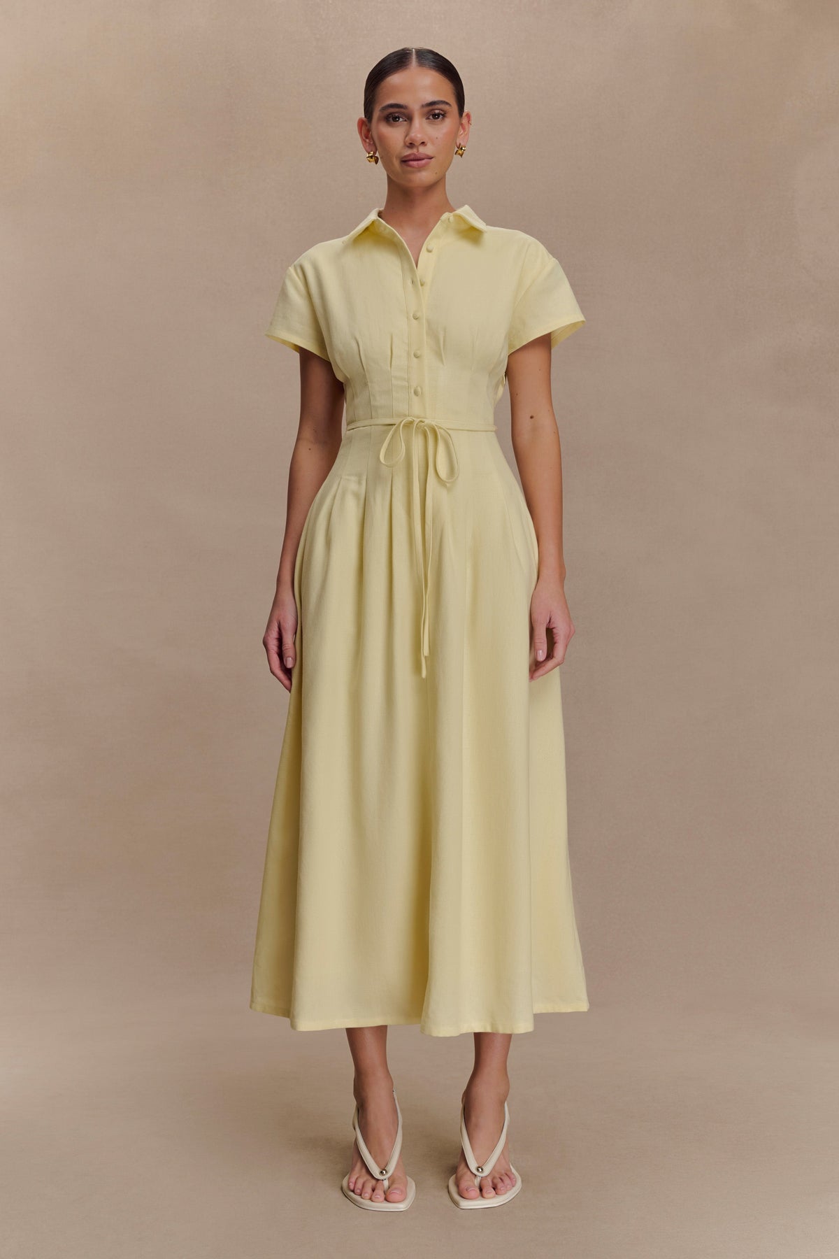 Aysha Buttoned Linen Midi Dress - Lemon