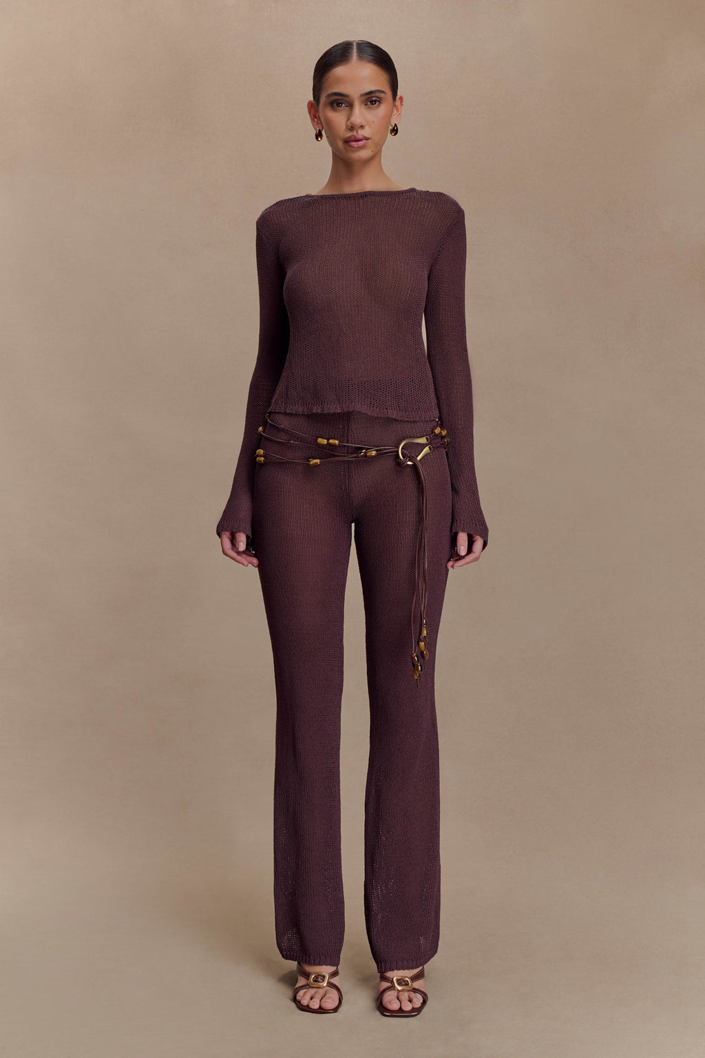 Enid Faux Leather Beaded Belt - Chocolate