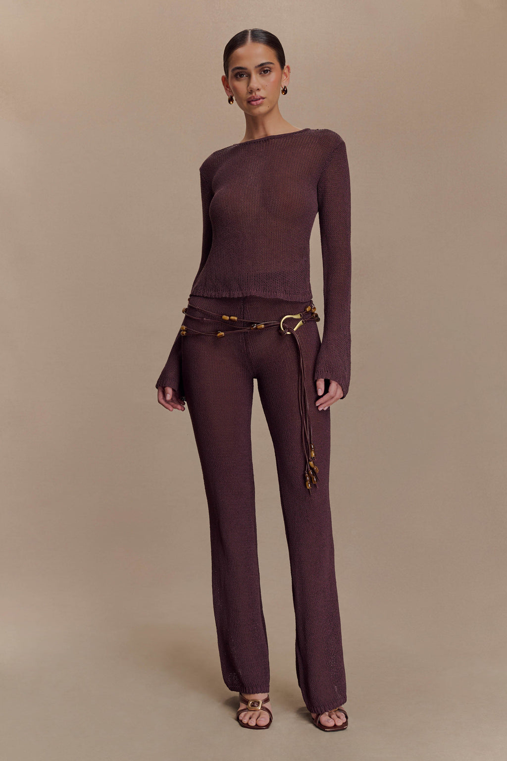 Enid Faux Leather Beaded Belt - Chocolate