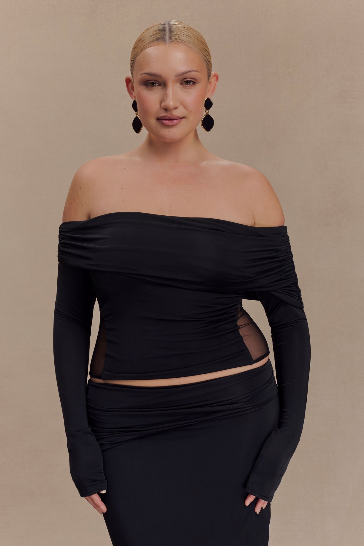 Judy Slinky And Mesh Off Shoulder Top - Black
