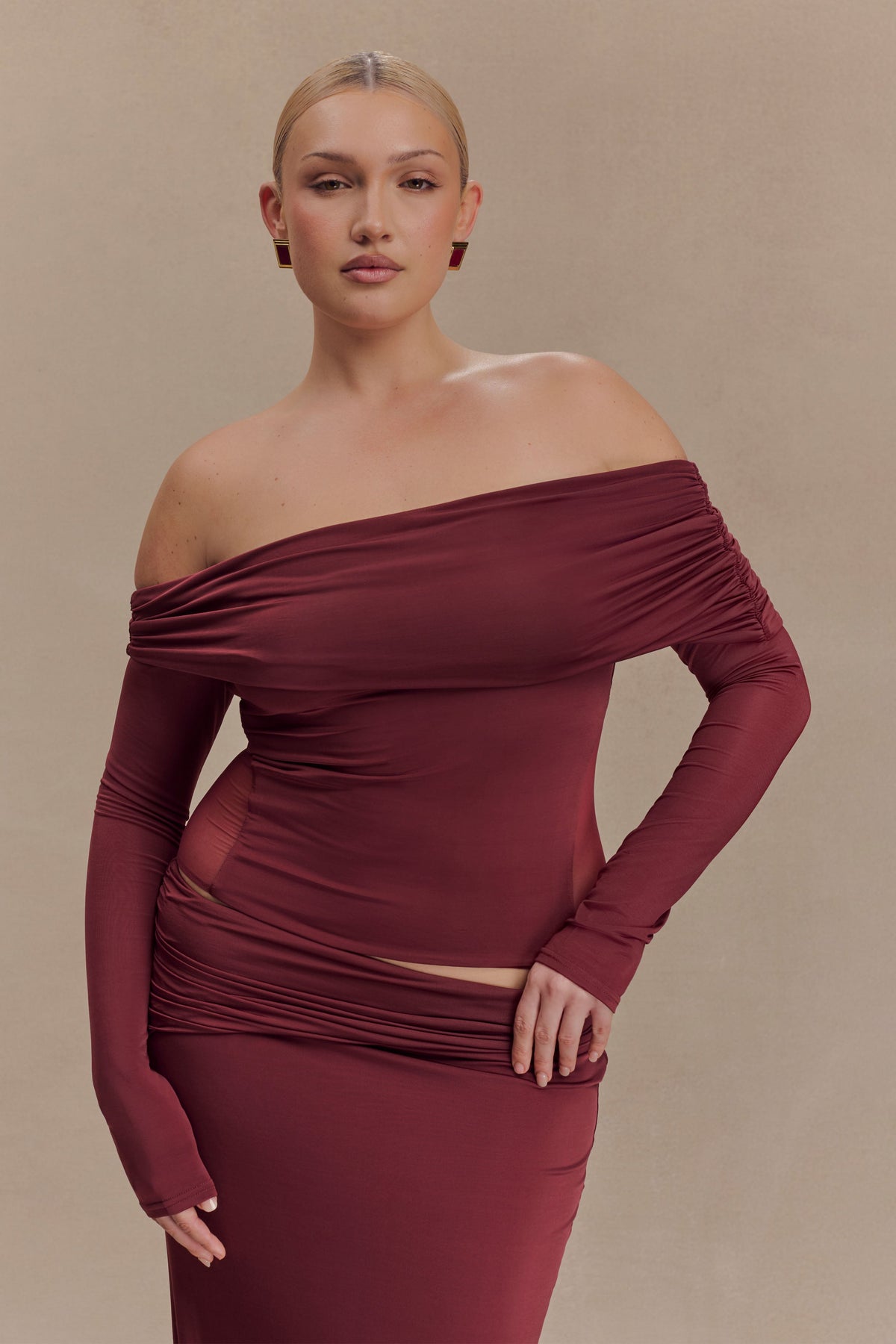 Judy Slinky And Mesh Off Shoulder Top - Wine