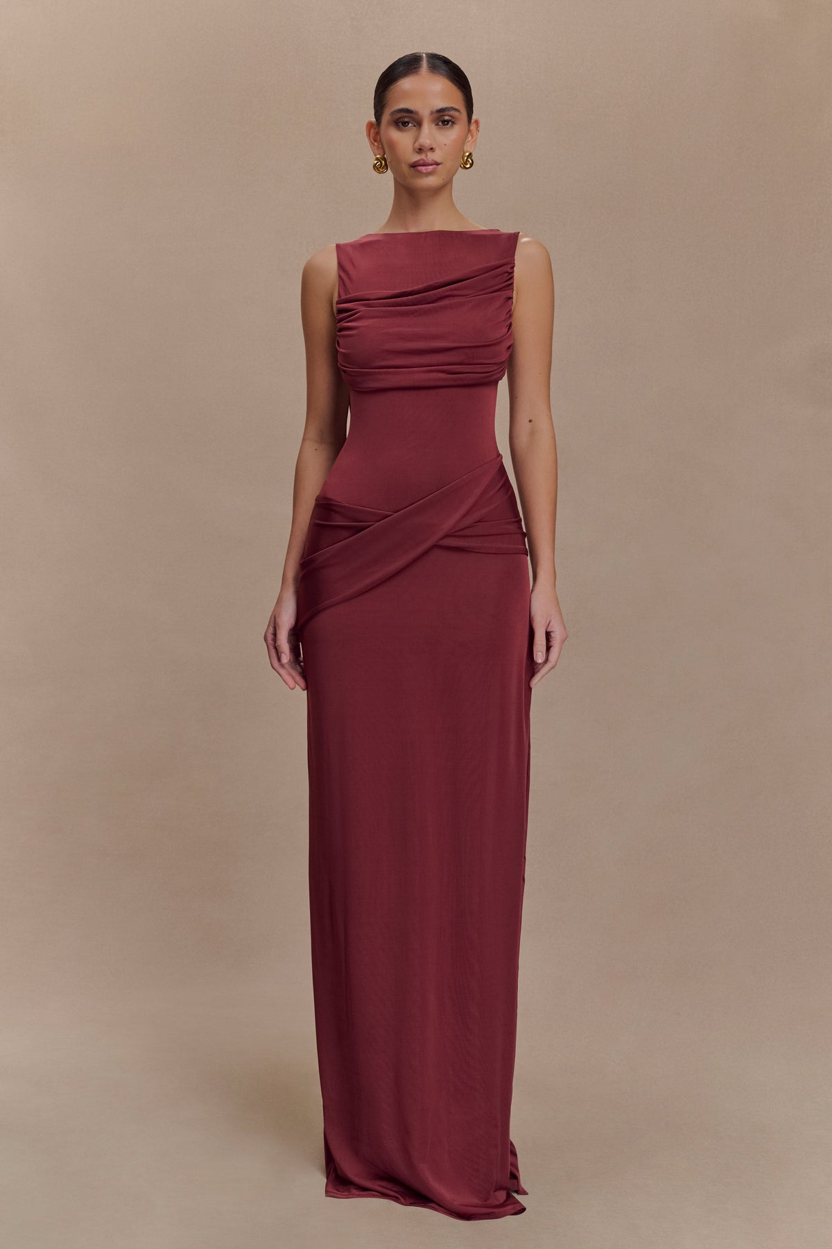 Henley Slinky Drape Maxi Dress - Wine