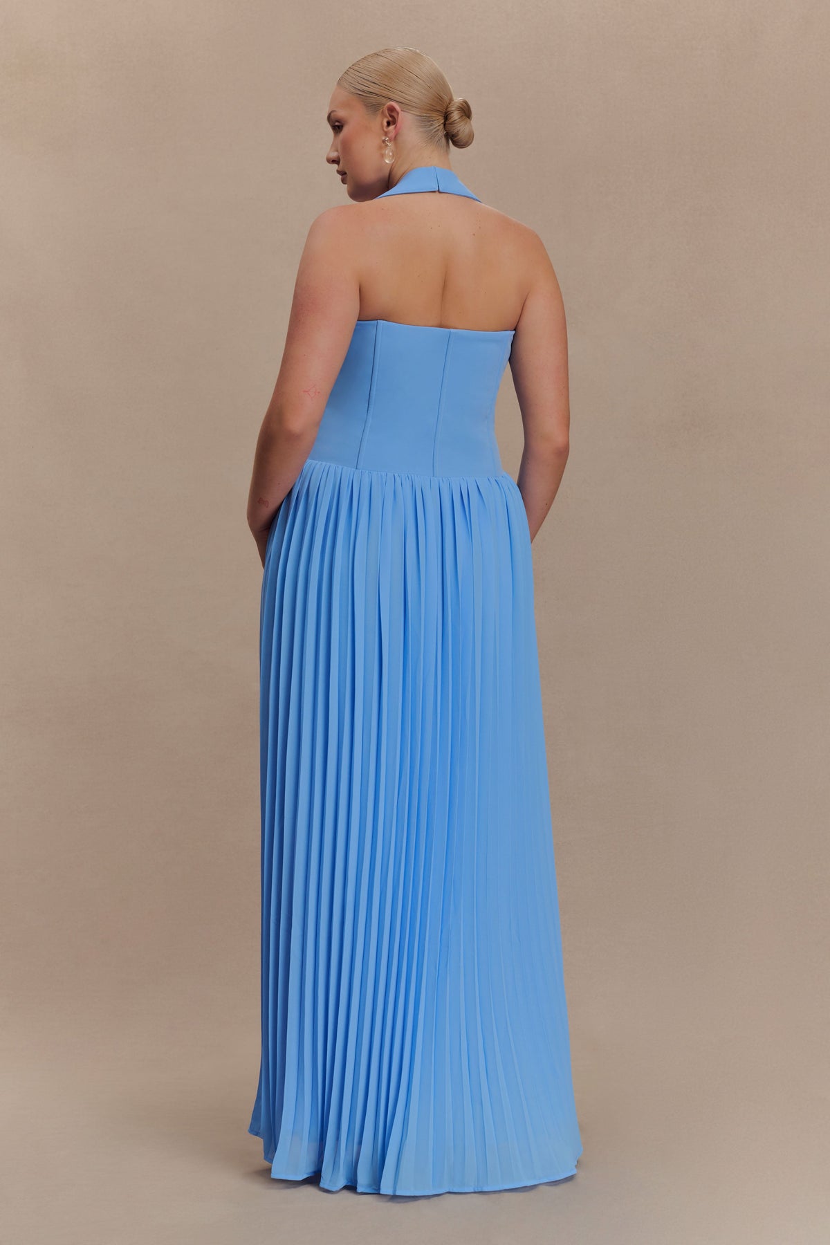 Stacie Pleated Halter Maxi Dress - Bright Blue