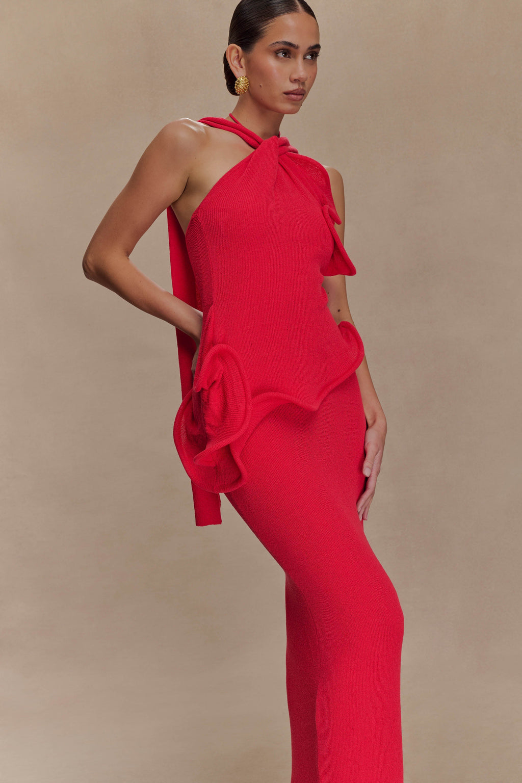 Caprice Halter Knit Maxi Dress - Red