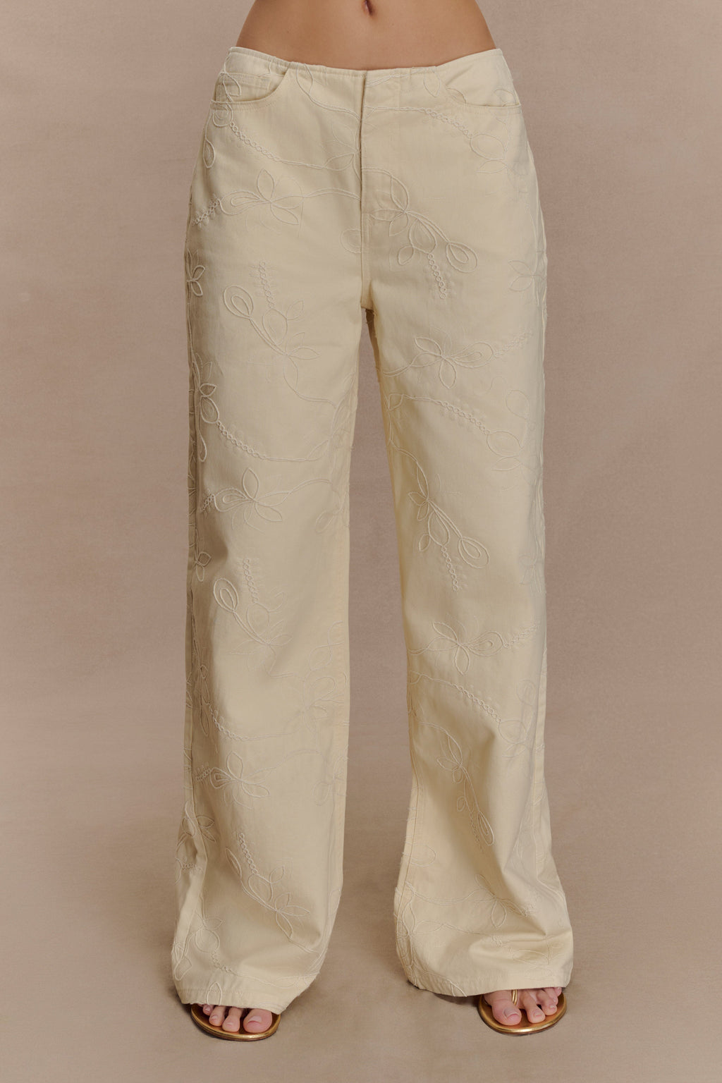 Ebony Embroidered Denim Jeans - Cream