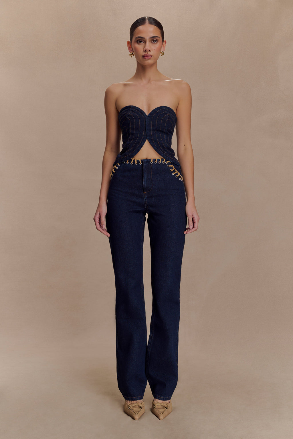 Meryl Lace Up Denim Jean - Indigo Blue