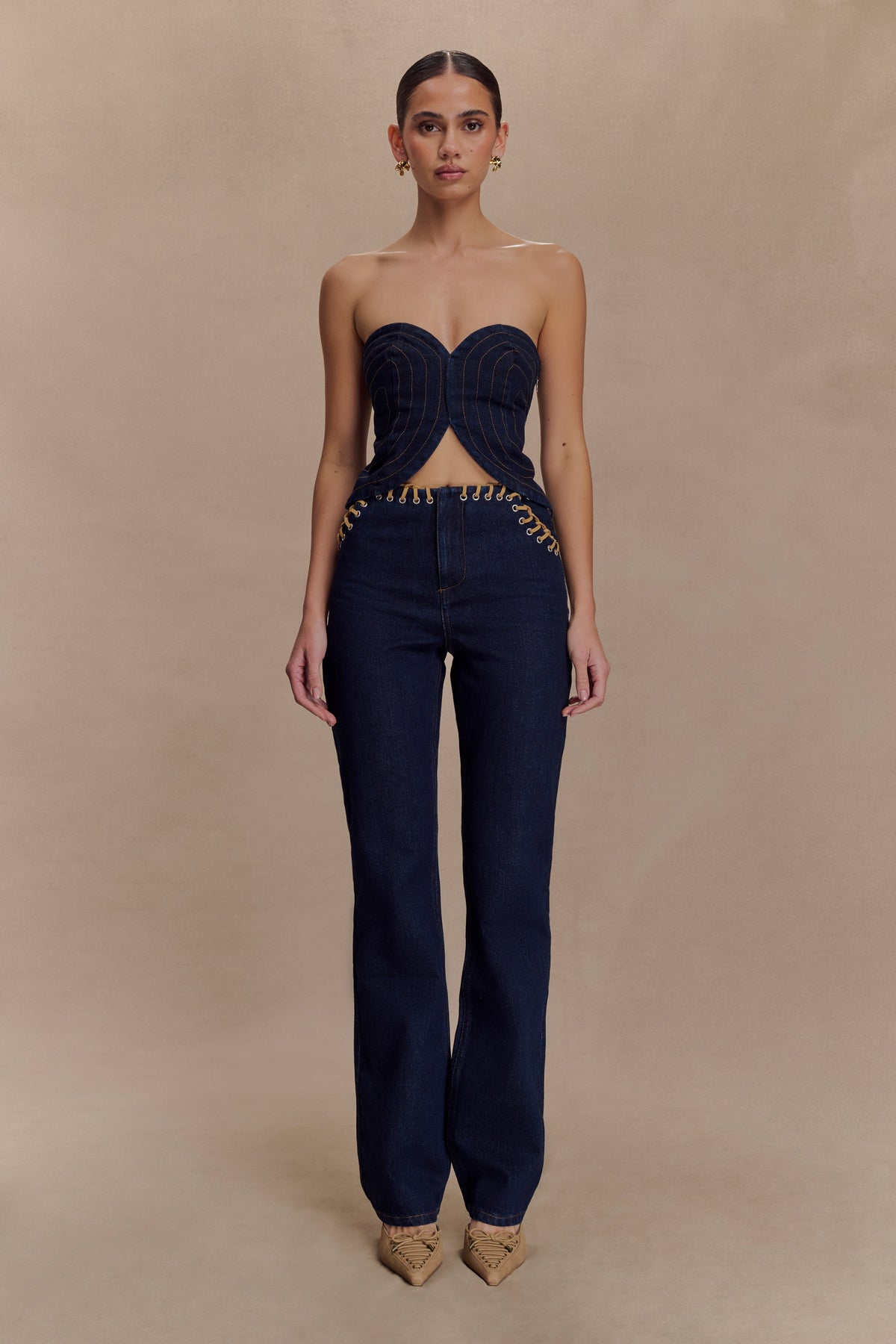 Meryl Lace Up Denim Jean - Indigo Blue