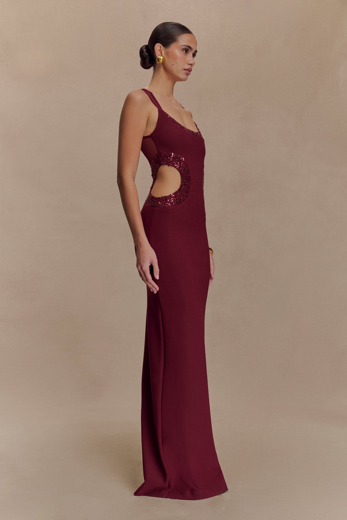 Angelique Beaded Crepe Maxi Dress - Wine
