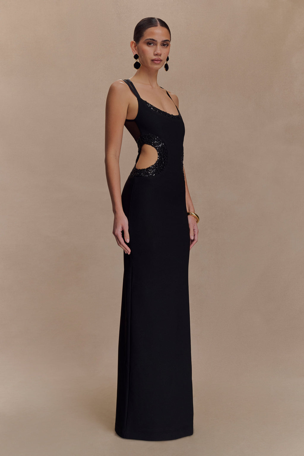 Angelique Beaded Crepe Maxi Dress - Black