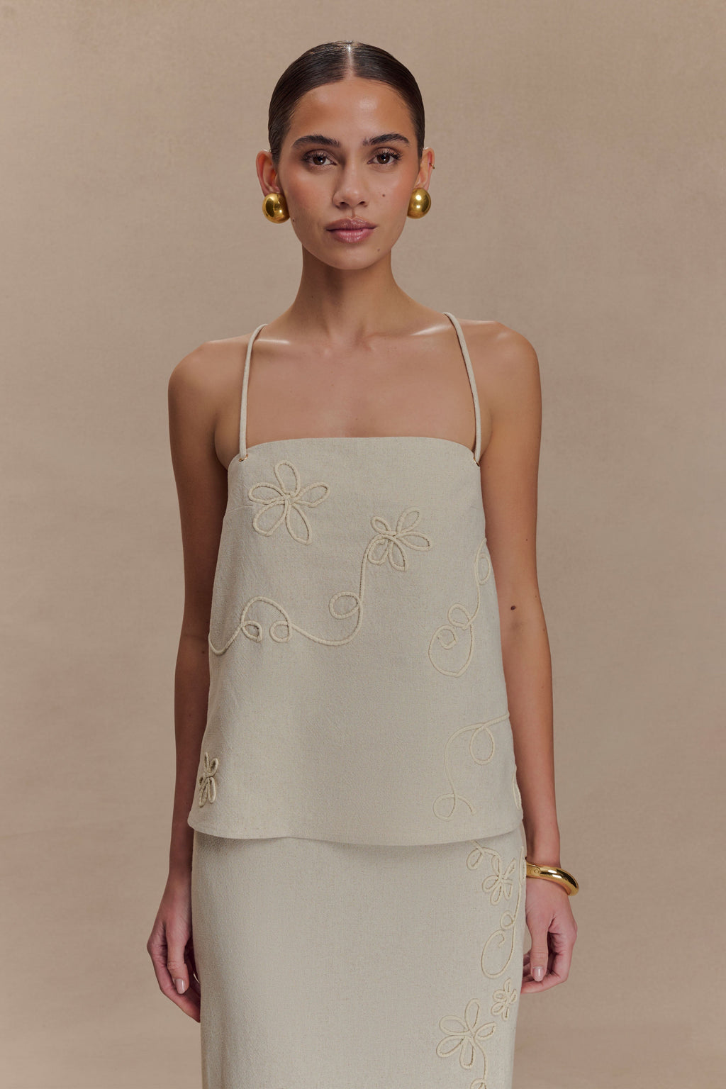 Casey Linen Corded Embroidered Linen Top - Natural