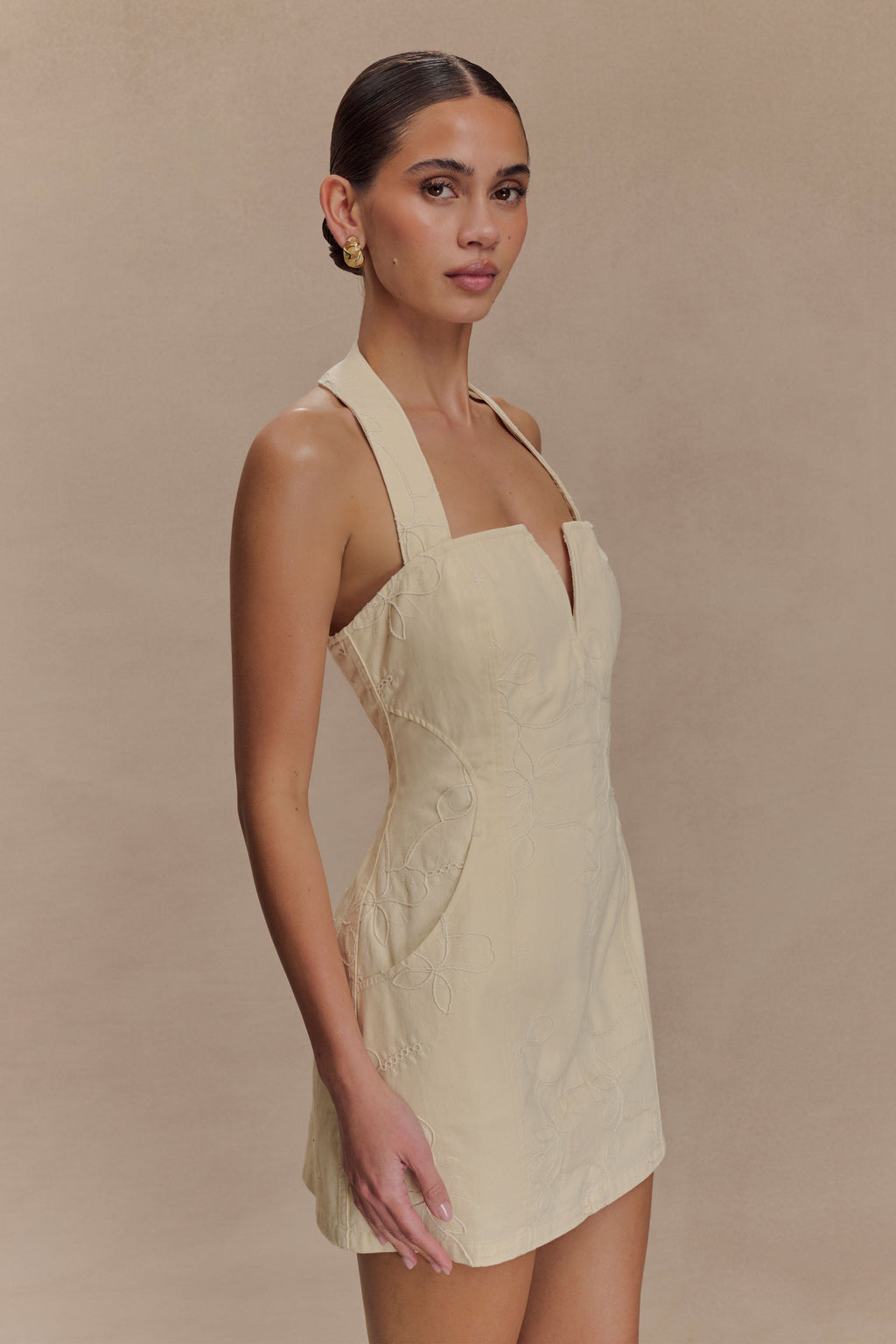 Ebony Embroidered Denim Mini Dress - Cream