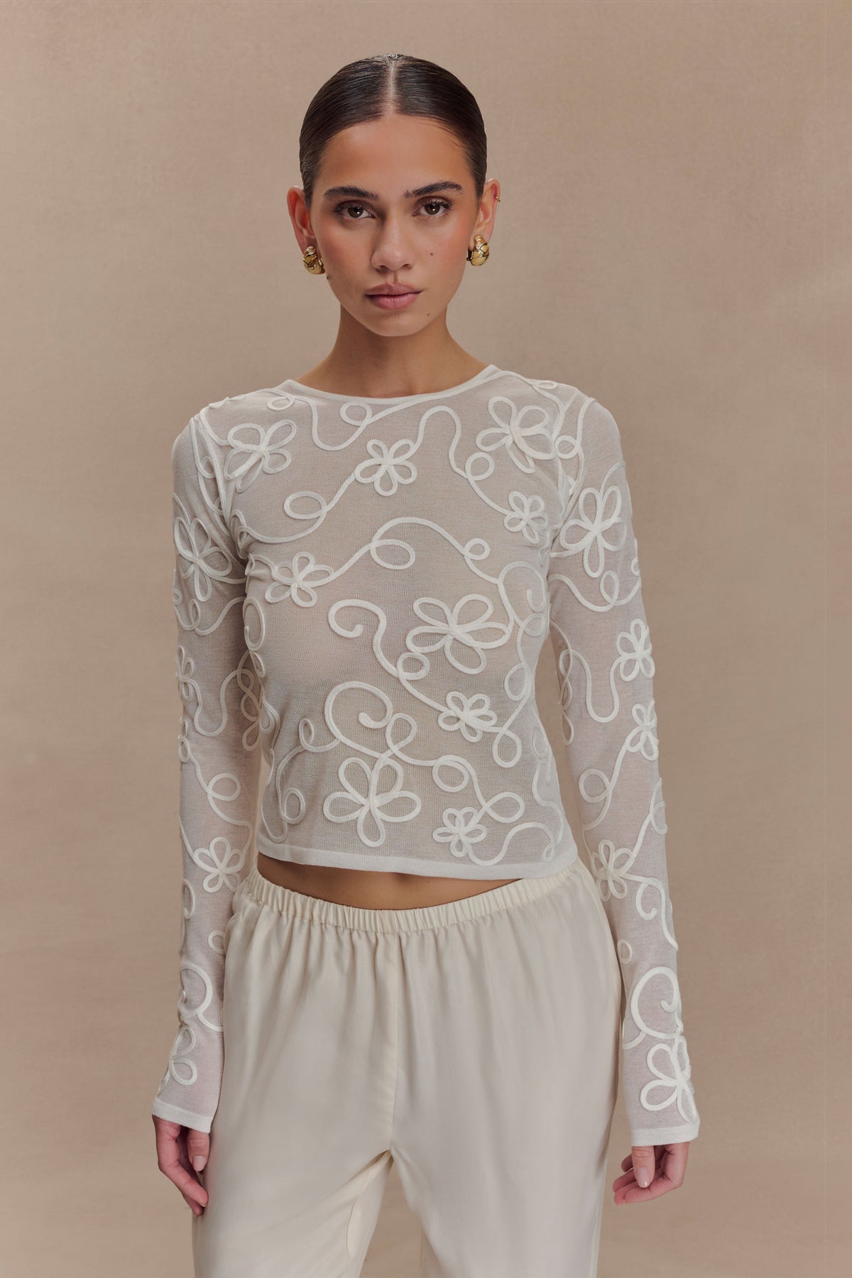 Omari Embroidery Long Sleeve Knit Top - Ivory