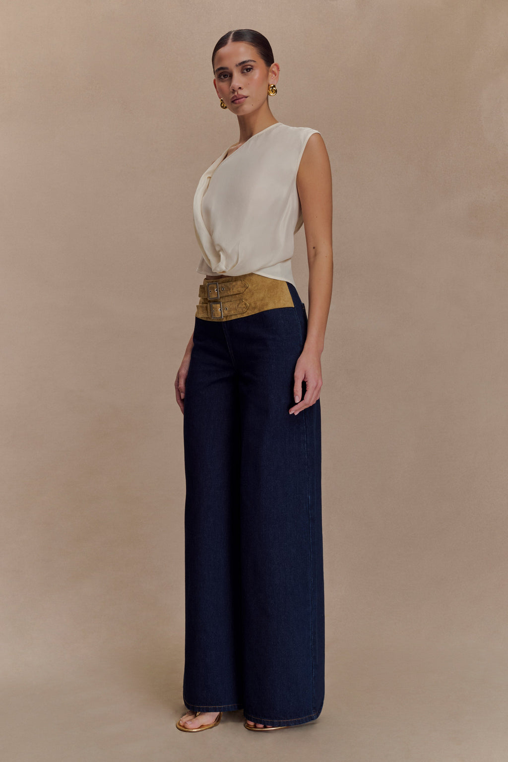 Miranda Faux Suede Belted Denim Wide Leg Jeans - Indigo Blue