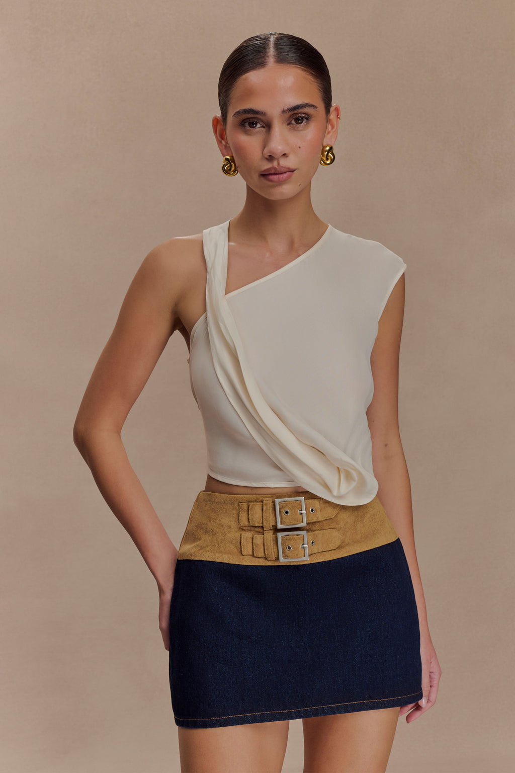 Miranda Faux Suede Belted Denim Mini Skirt - Indigo Blue