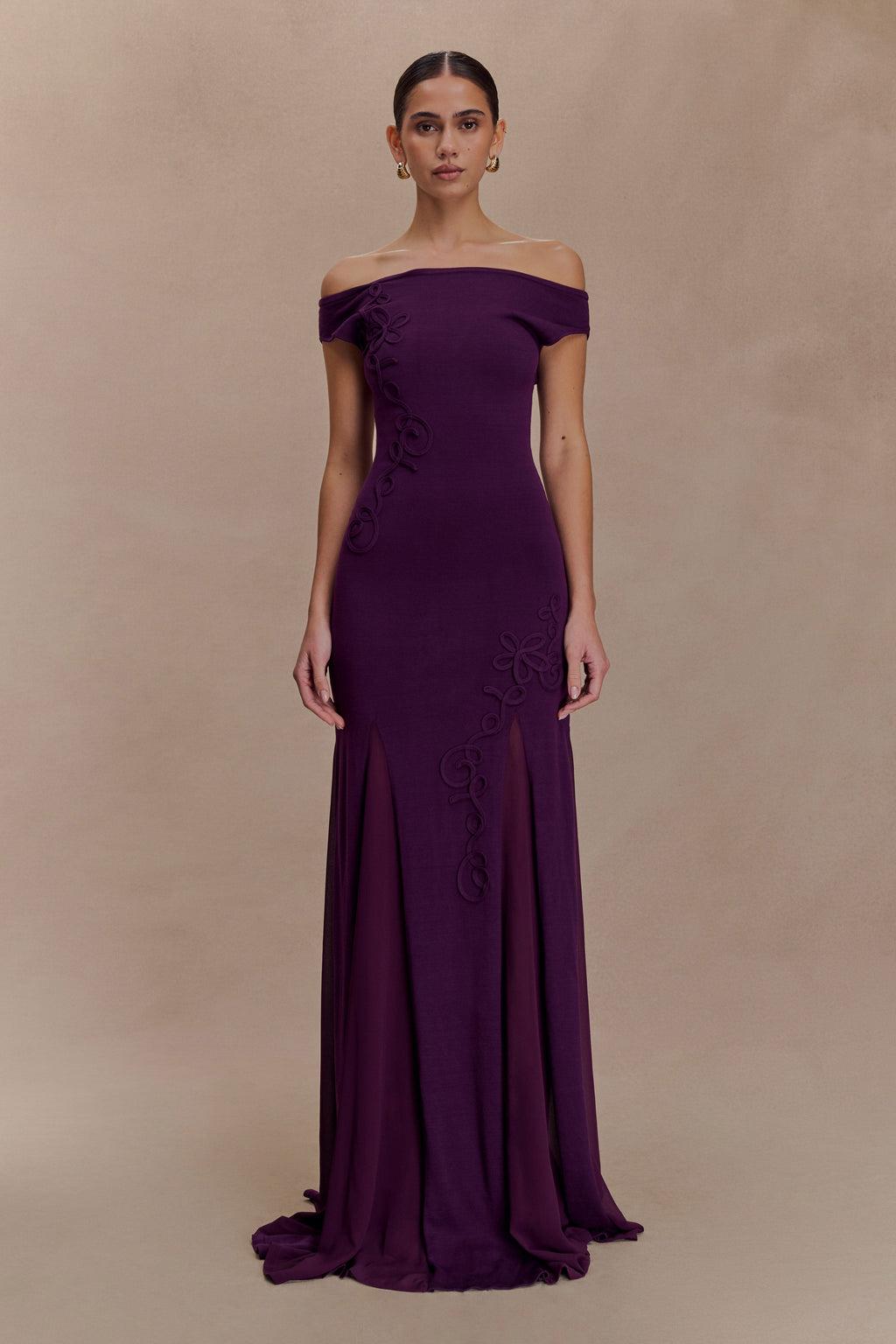 Nesta Embroidery Off Shoulder Knit Dress - Plum