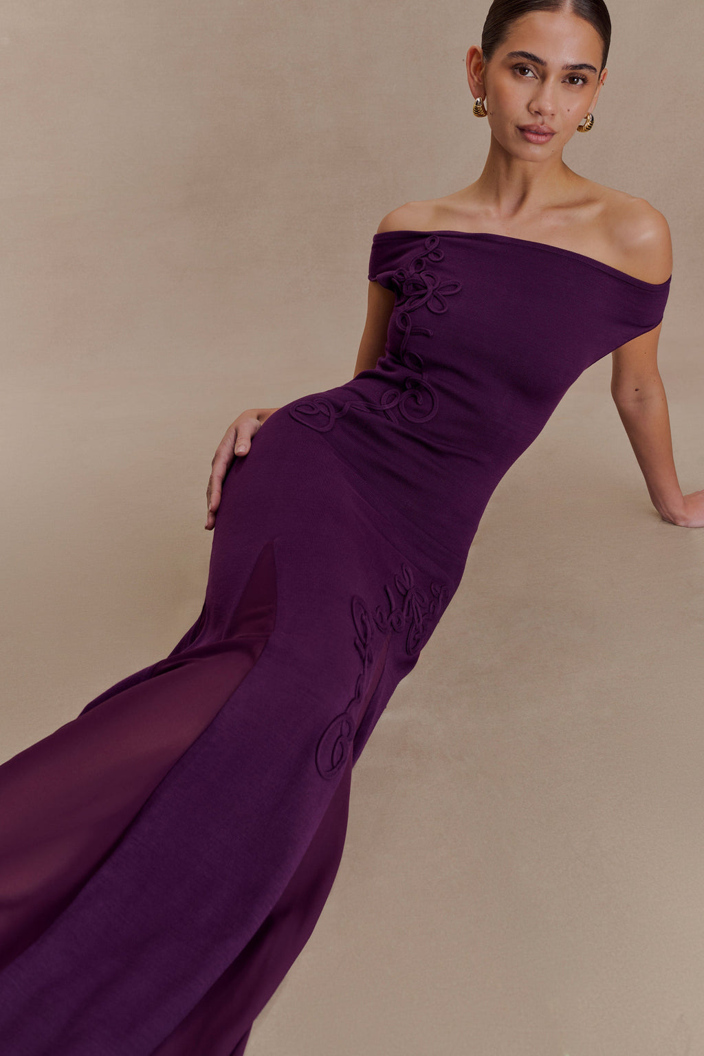 Nesta Embroidery Off Shoulder Knit Dress - Plum
