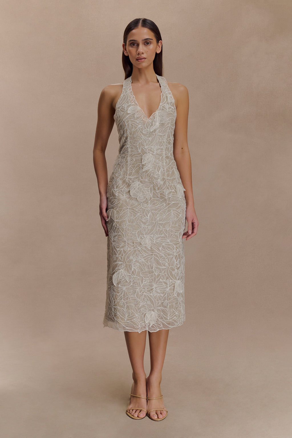 Lenore Silk Lace Halter Midi Dress - Ivory