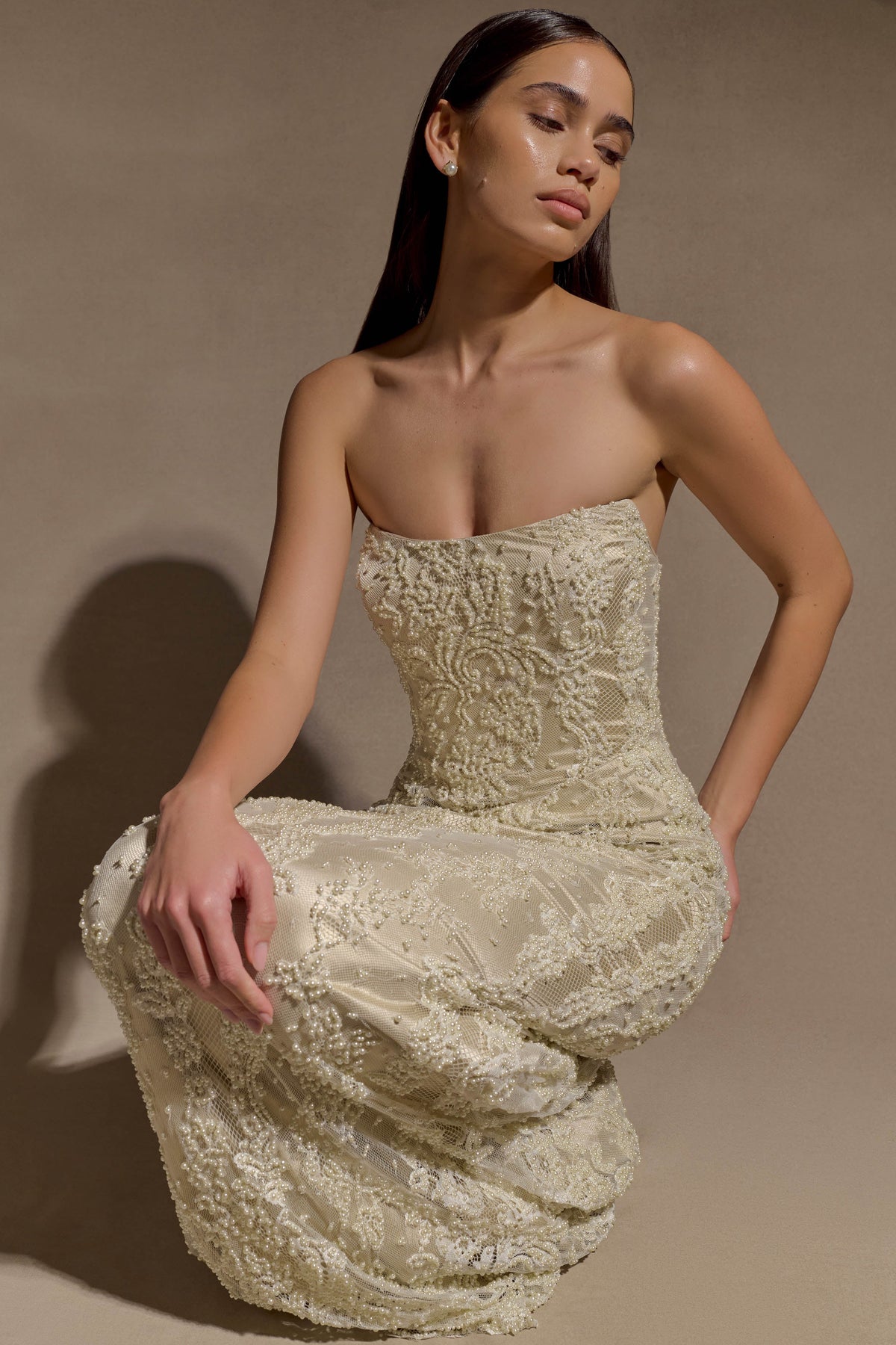 Eva Hand Beaded Pearl & Lace Maxi Dress - White