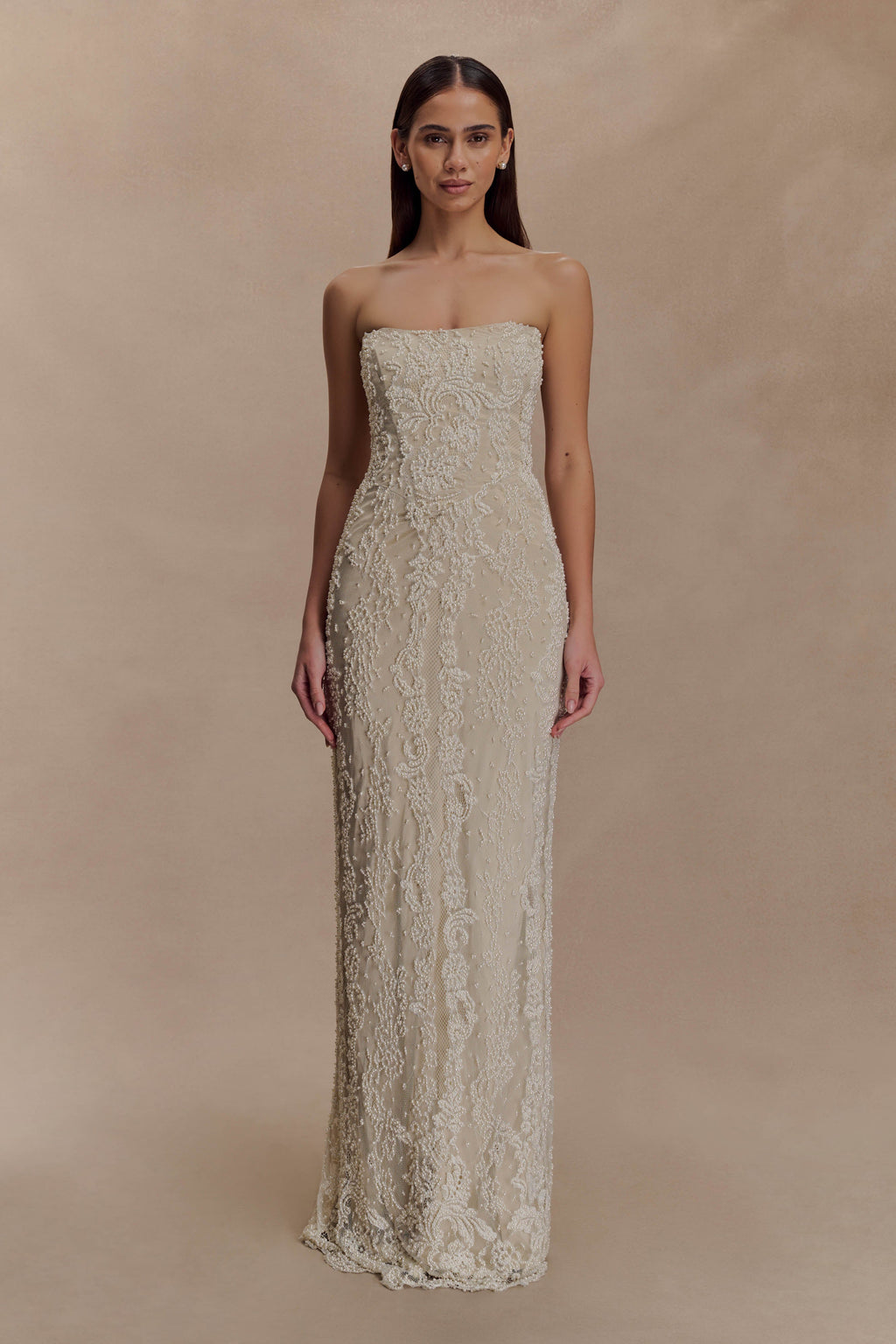 Eva Hand Beaded Pearl & Lace Maxi Dress - White