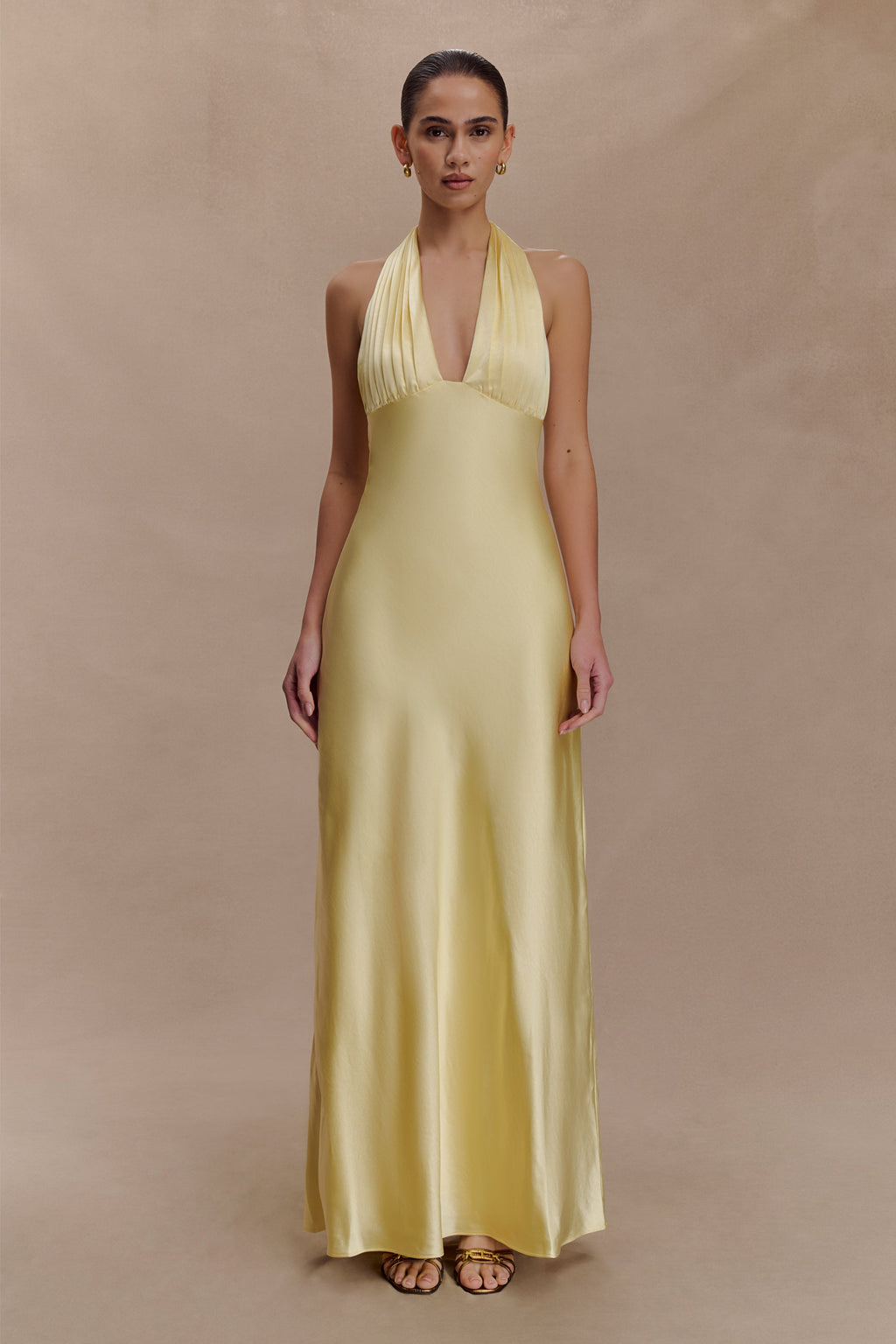 Alice Satin Halter Maxi Dress - Lemon