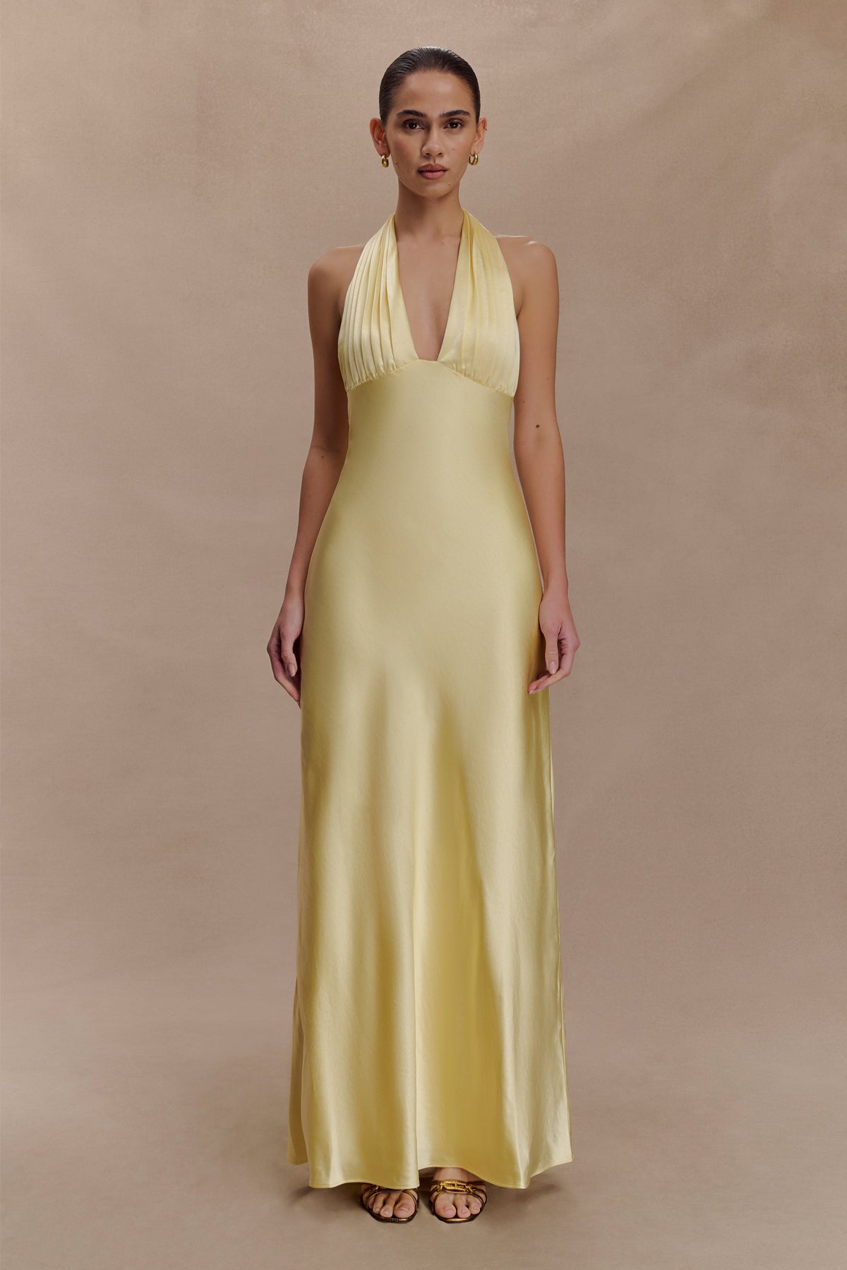 Alice Satin Halter Maxi Dress - Lemon