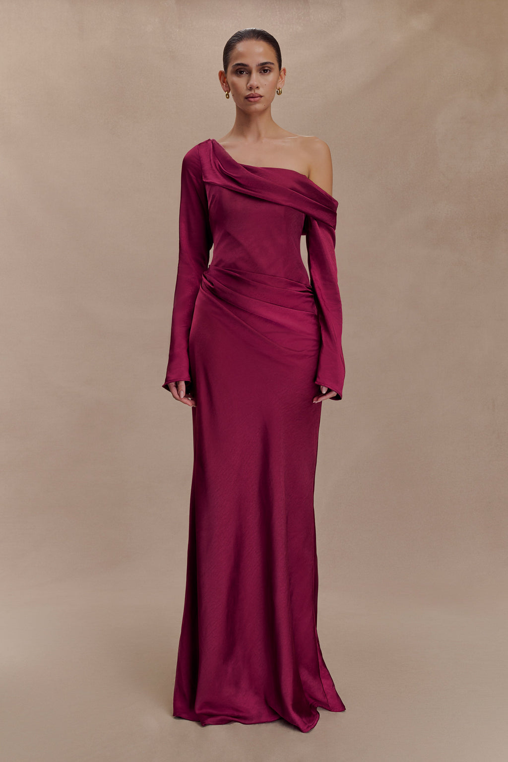 Iris Long Sleeve Satin Maxi Dress - Mahogany