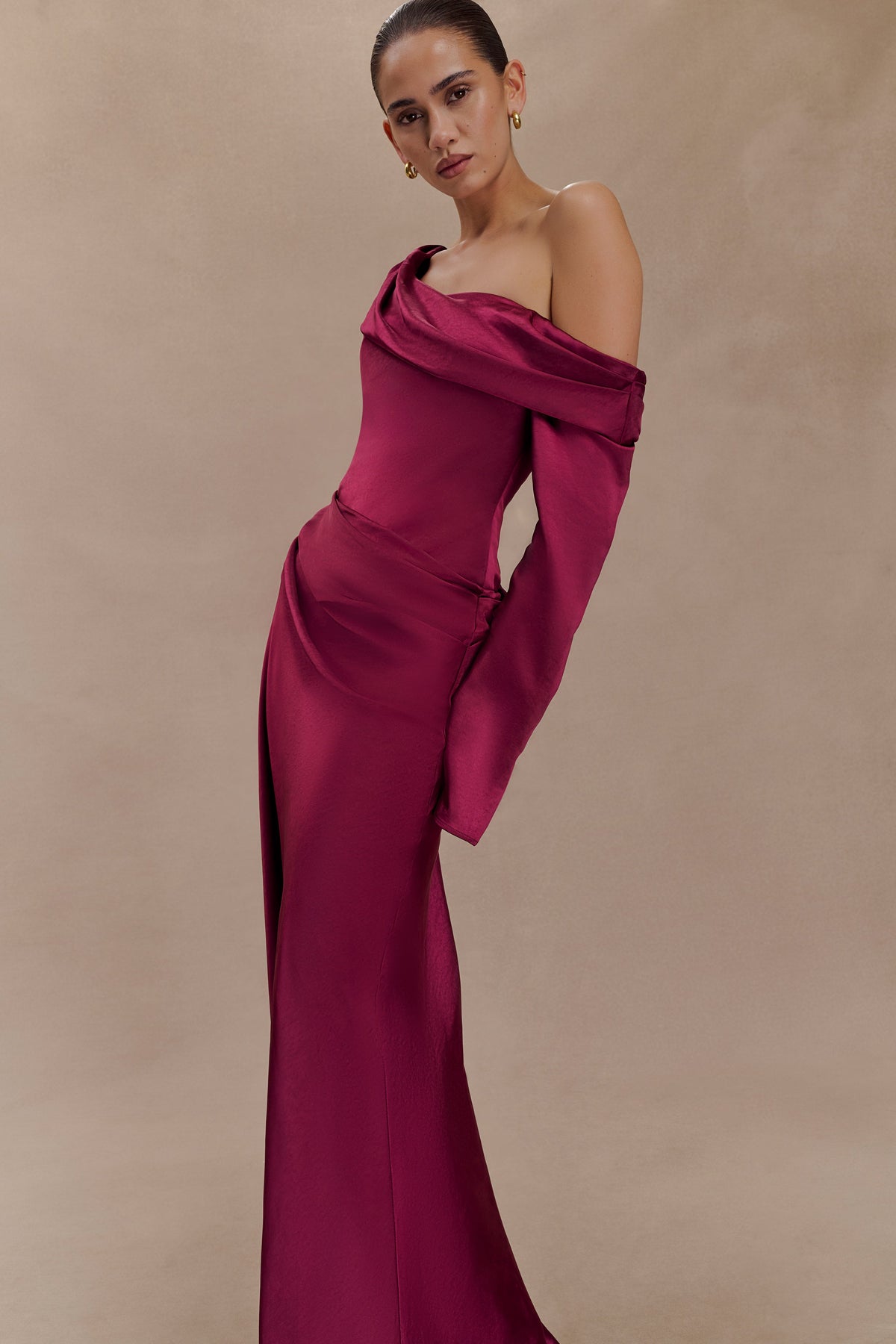 Iris Long Sleeve Satin Maxi Dress - Mahogany