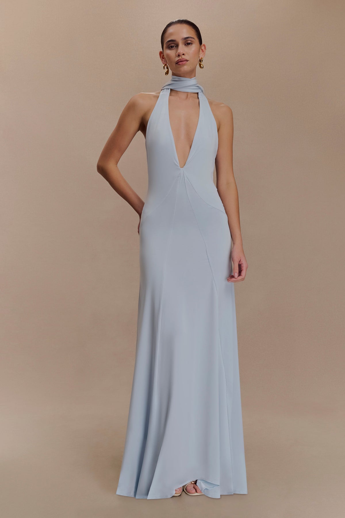 Juliet Slinky Maxi Dress With Scarf - Pale Blue