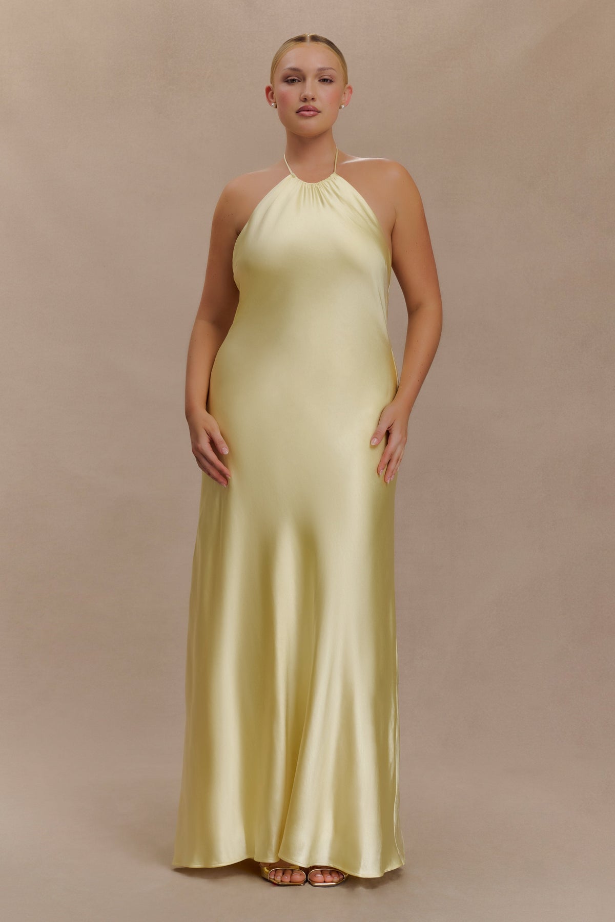 Bella Satin Halter Maxi Dress - Lemon