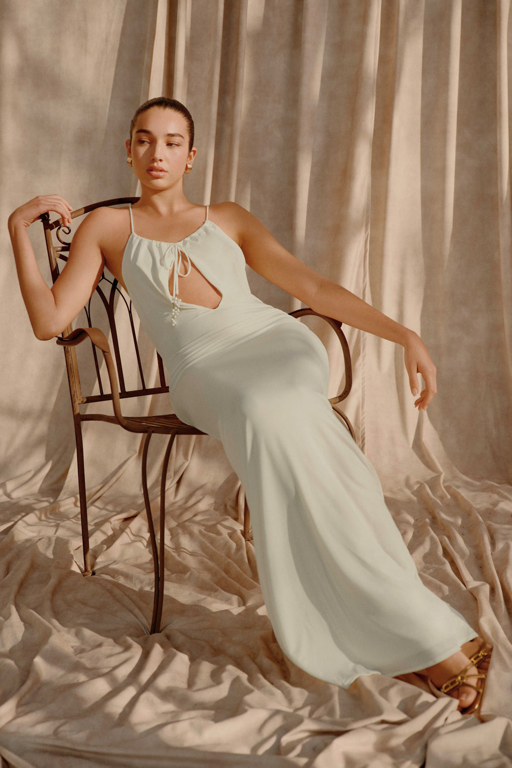 Beryl Slinky Maxi Dress With Pearls - Ivory